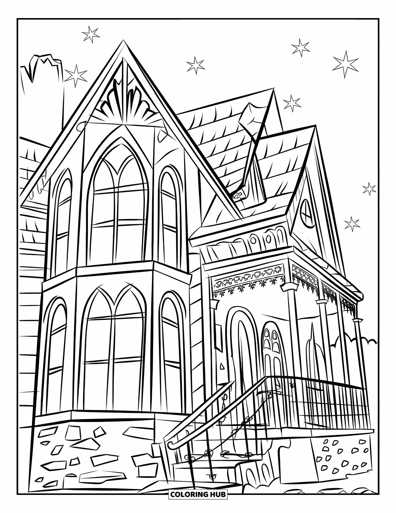 Haunted House Coloring Page for Kids: Gothic house with arched windows and stars twinkling above