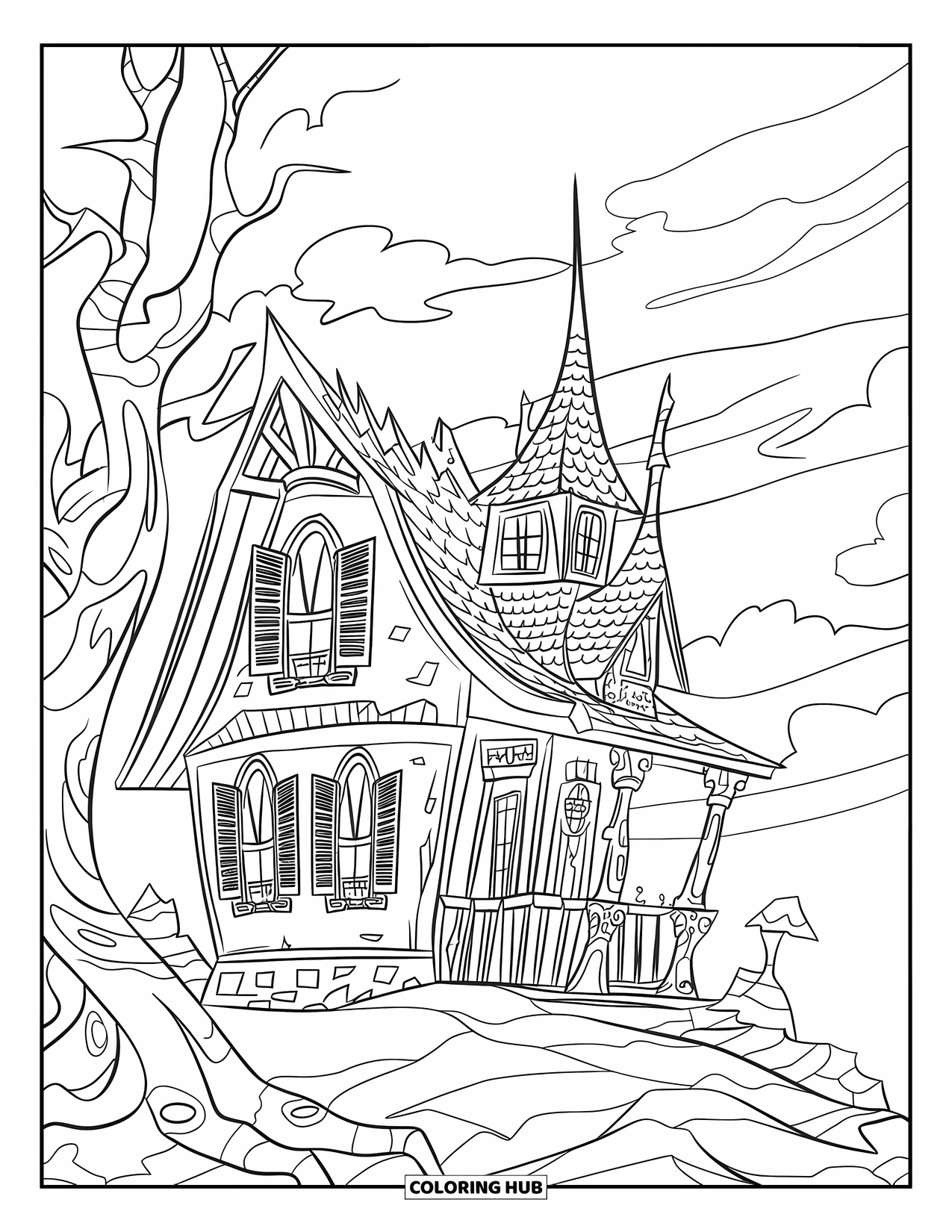 Haunted House Coloring Page for Kids: Gothic-style house with jagged shutters and twisted trees nearby