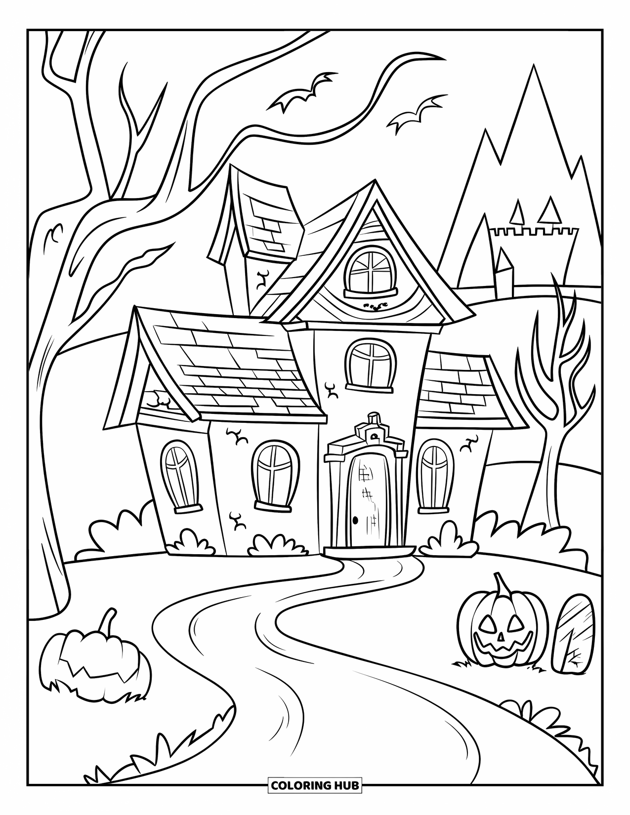 Haunted House Coloring Page for Kids: Haunted house near trees, a path, and distant mountains