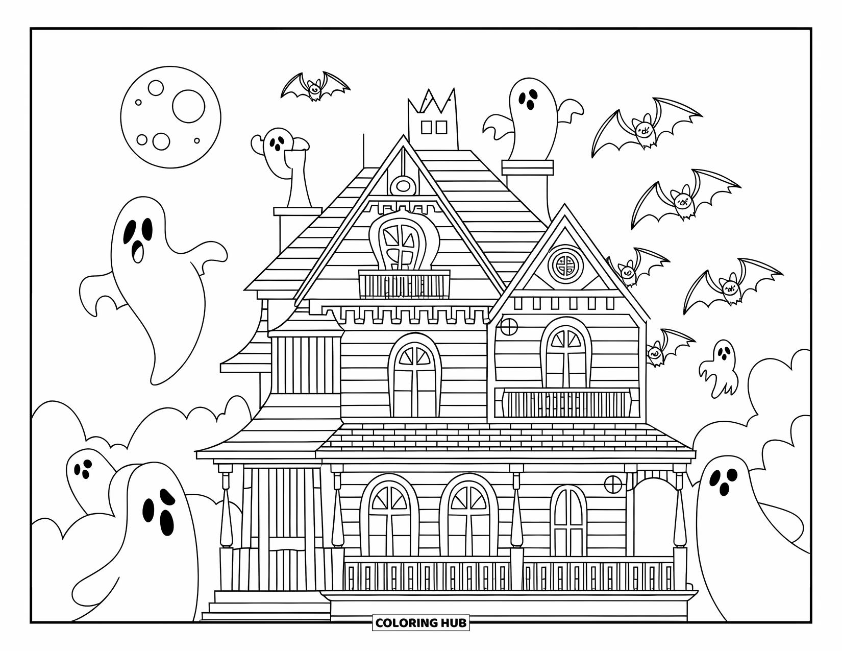 Haunted House Coloring Page for Kids: Haunted house with balconies, ghosts, bats, and a full moon