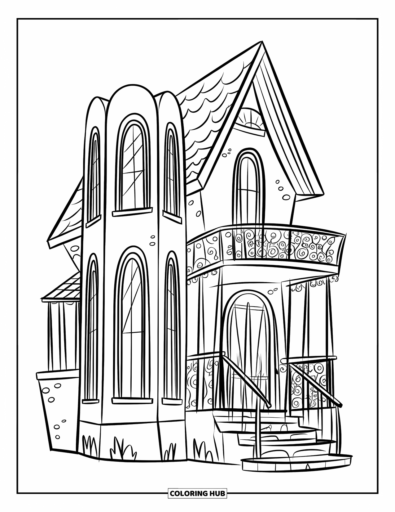 Haunted House Coloring Page for Kids: Haunted house with balcony and crumbled steps in a bold, modern design