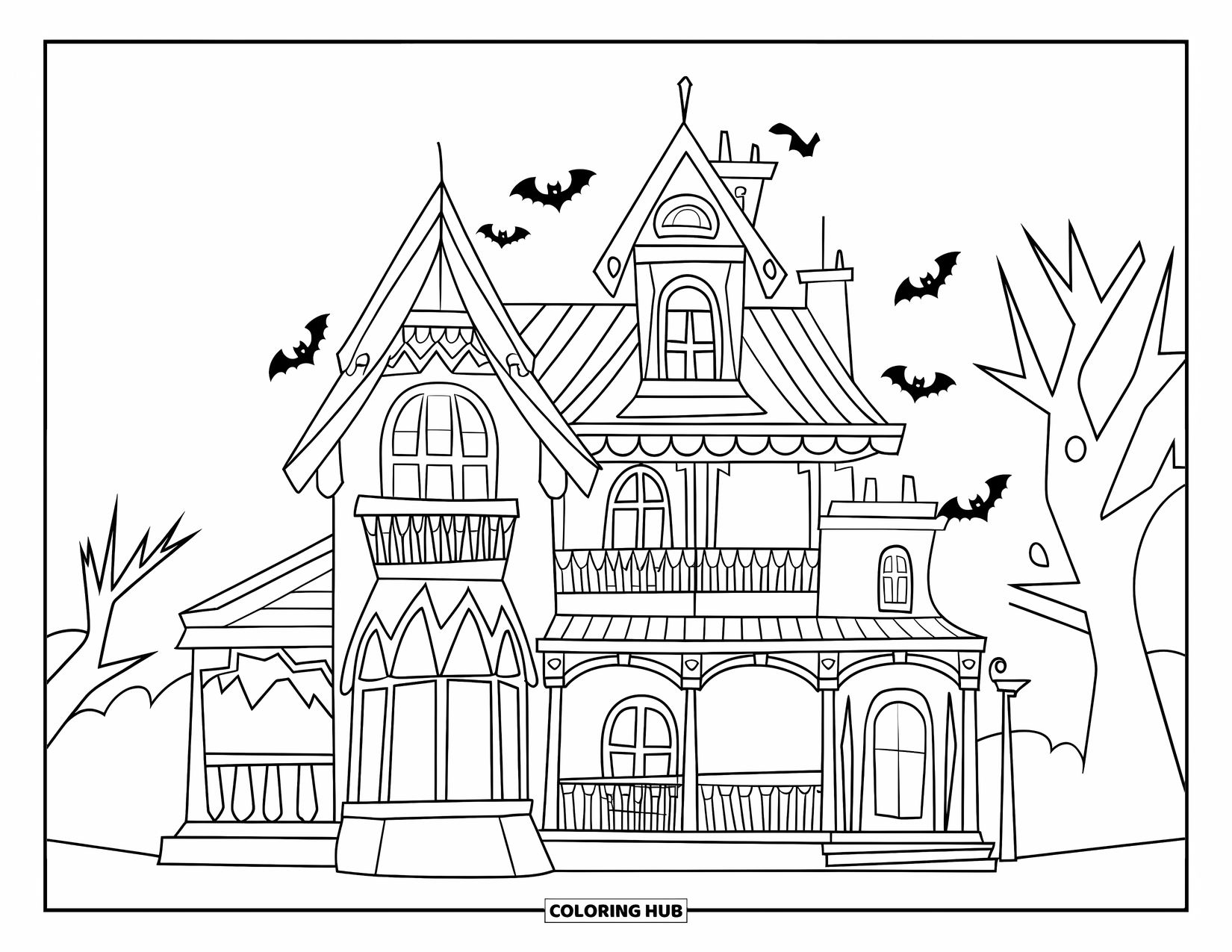 Haunted House Coloring Page for Kids: Haunted house with bats and lamps under a quiet sky