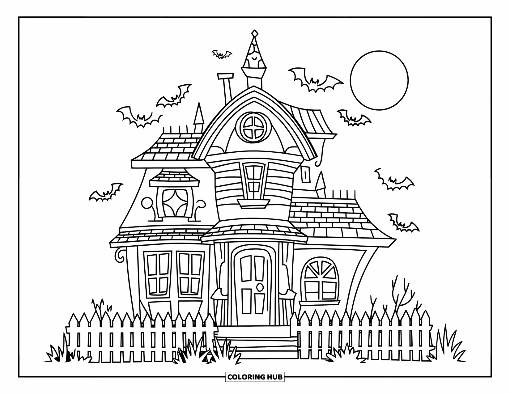Haunted House Coloring Page for Kids: Haunted house with bats, dead plants, and a big full moon
