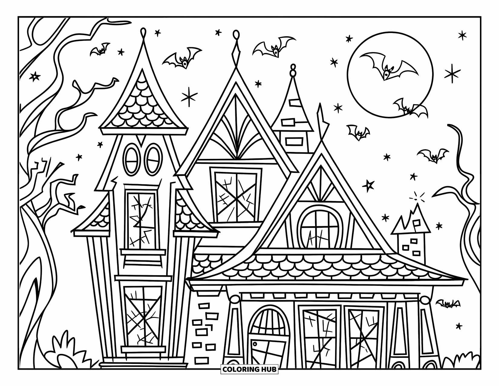 Haunted House Coloring Page for Kids: Haunted house with bats, twisted trees, and stars shining above