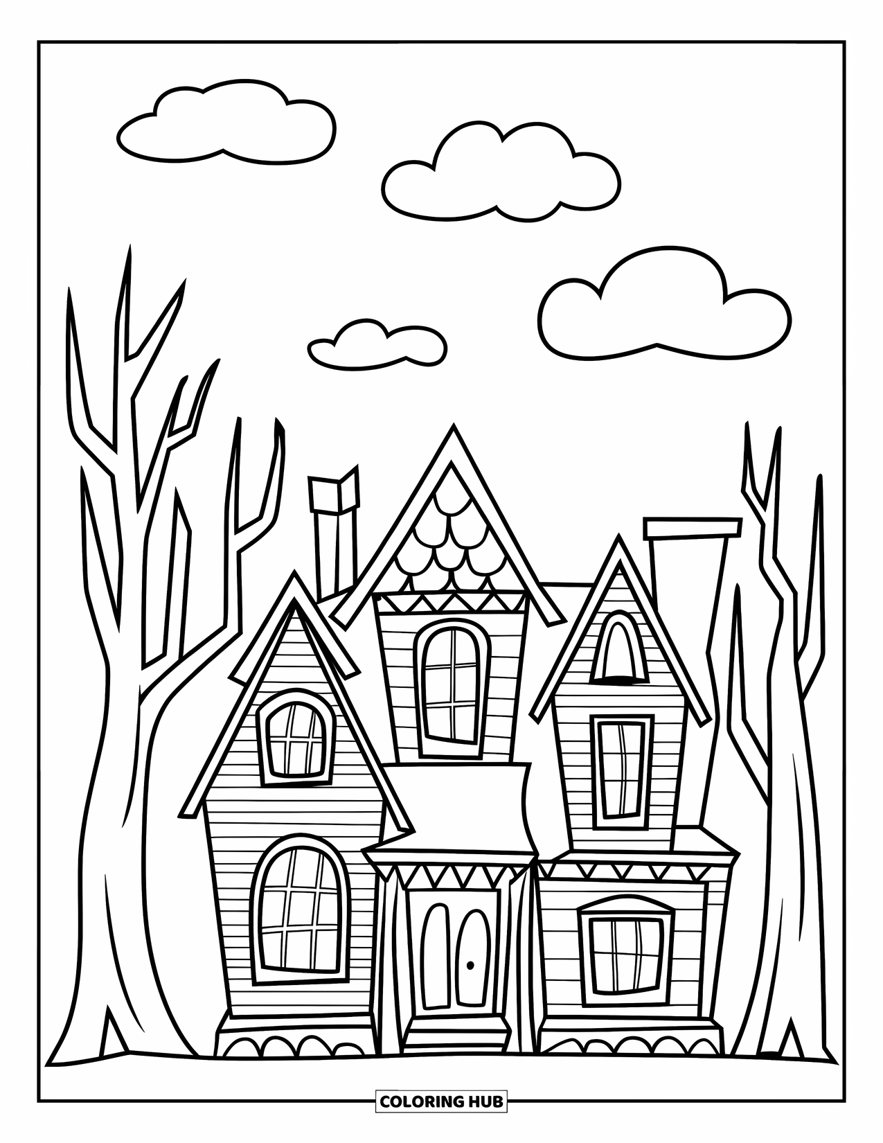 Haunted House Coloring Page for Kids: Haunted house with clouds, tall windows, and bold, simple shapes