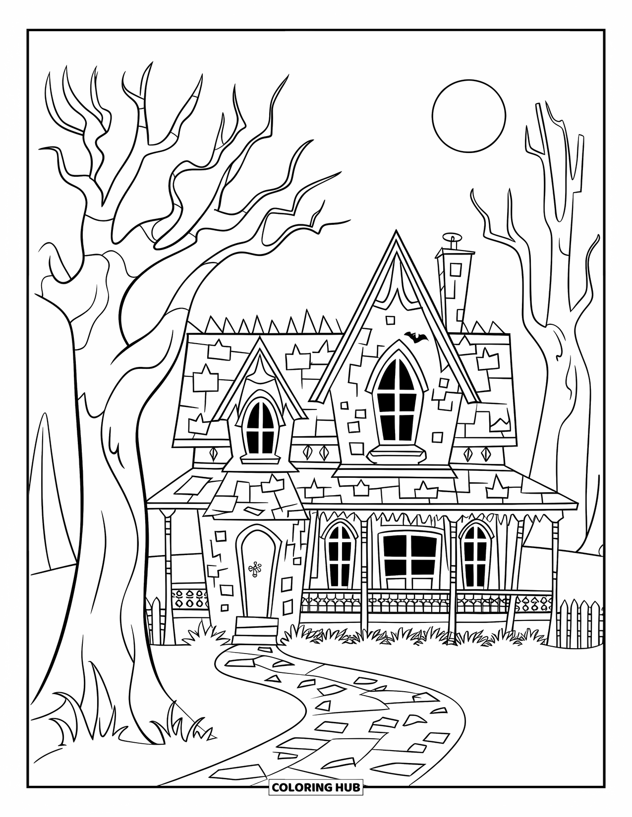 Haunted House Coloring Page for Kids: Haunted house with full moon, tall trees, and a stony path