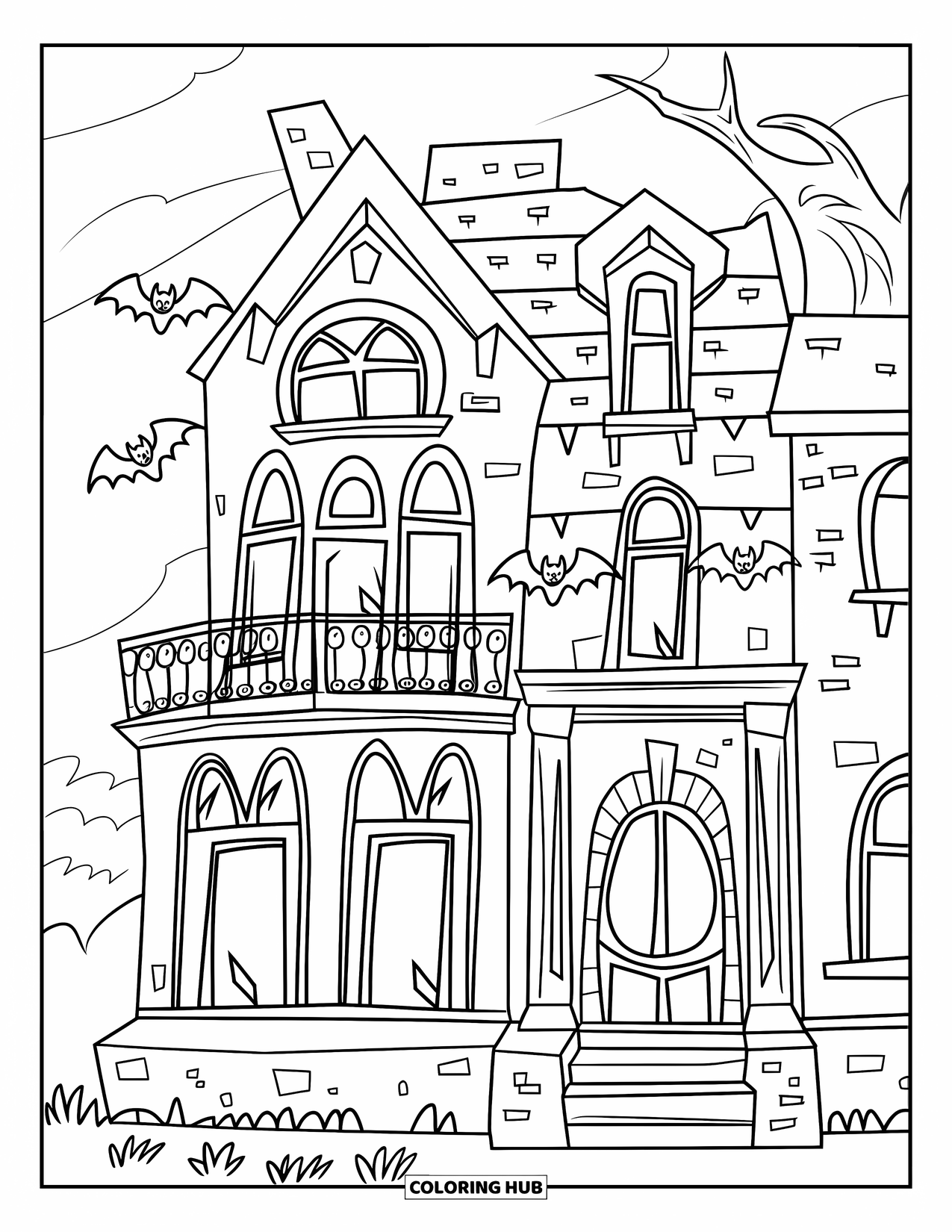 Haunted House Coloring Page for Kids: Haunted house with iron balcony and bats flying under a cloudy sky