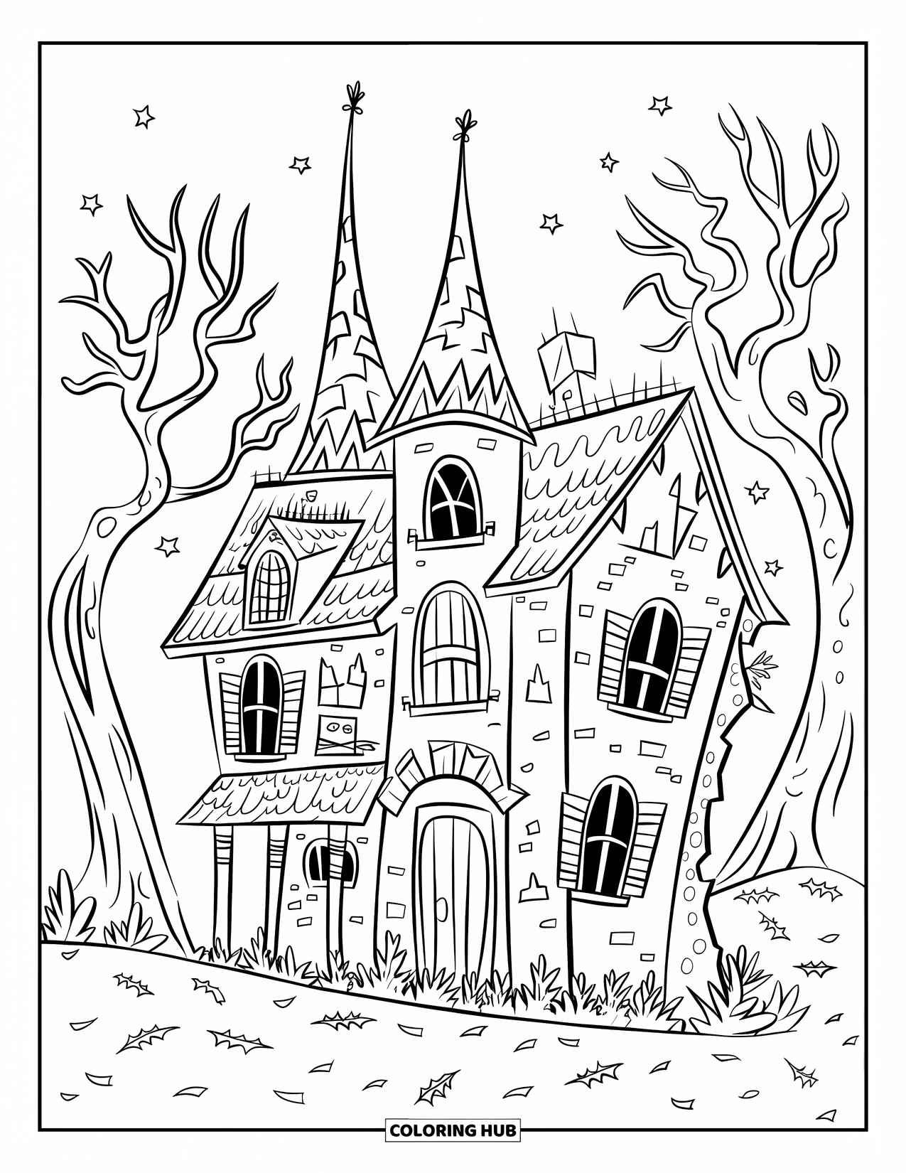 Haunted House Coloring Page for Kids: Haunted house with jagged windows and trees with bare branches