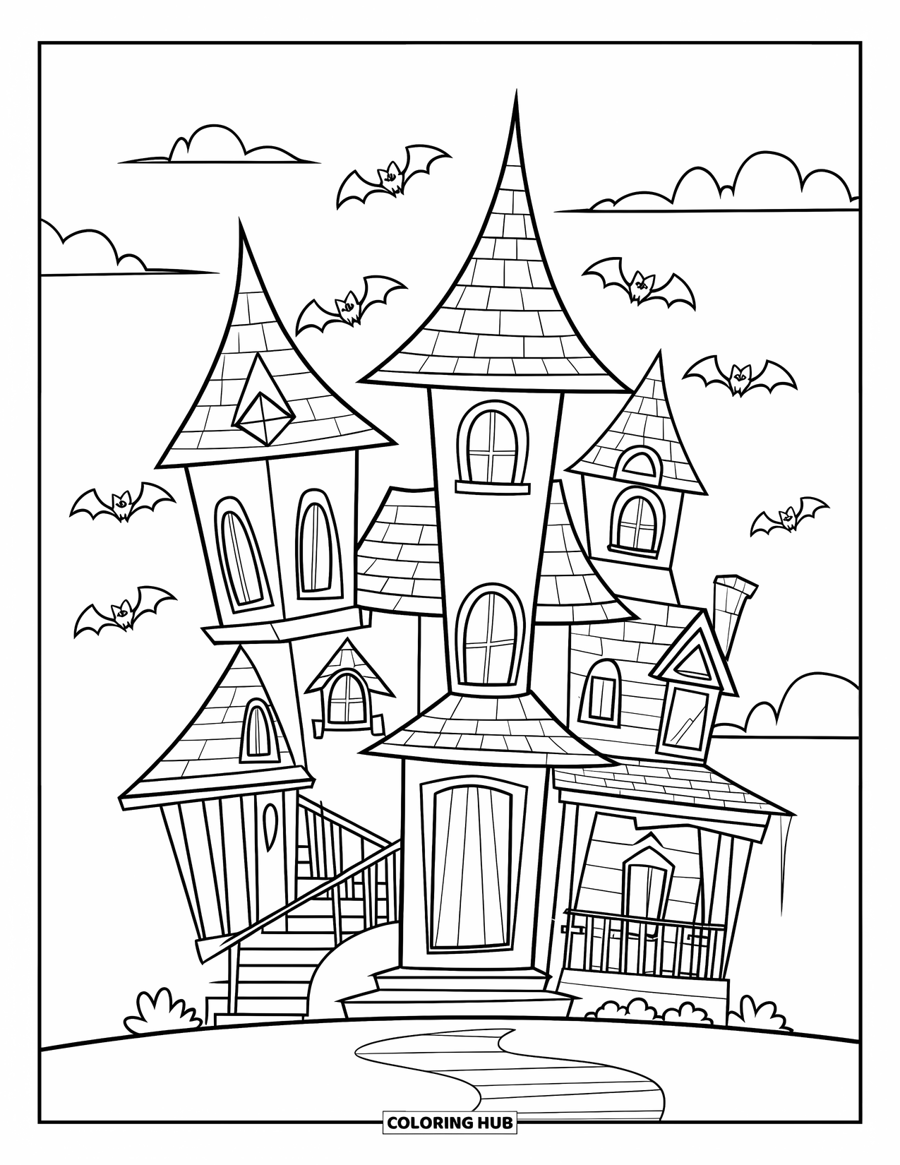 Haunted House Coloring Page for Kids: Haunted house with leaning towers and bats under a cloudy sky