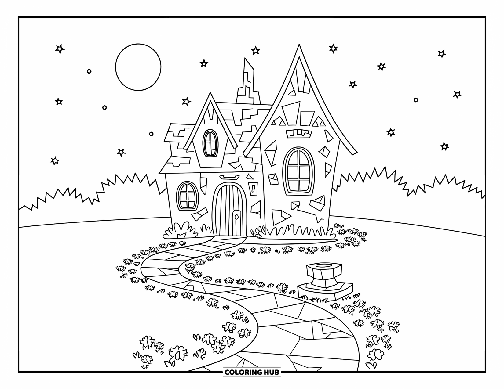 Haunted House Coloring Page for Kids: Haunted house with spiral path, stone pedestal, and flowers under a full moon