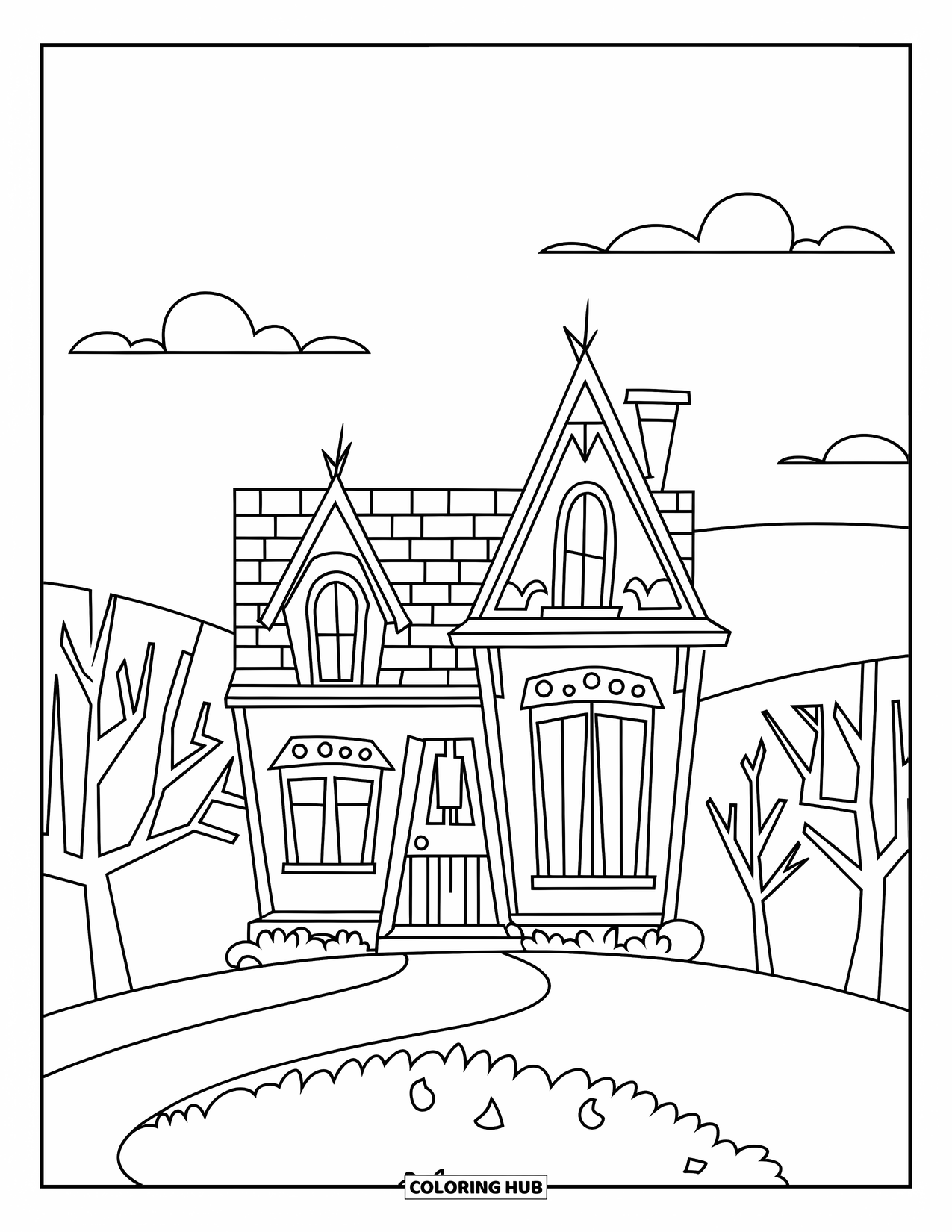 Haunted House Coloring Page for Kids: Hilltop haunted house with big windows and fluffy clouds
