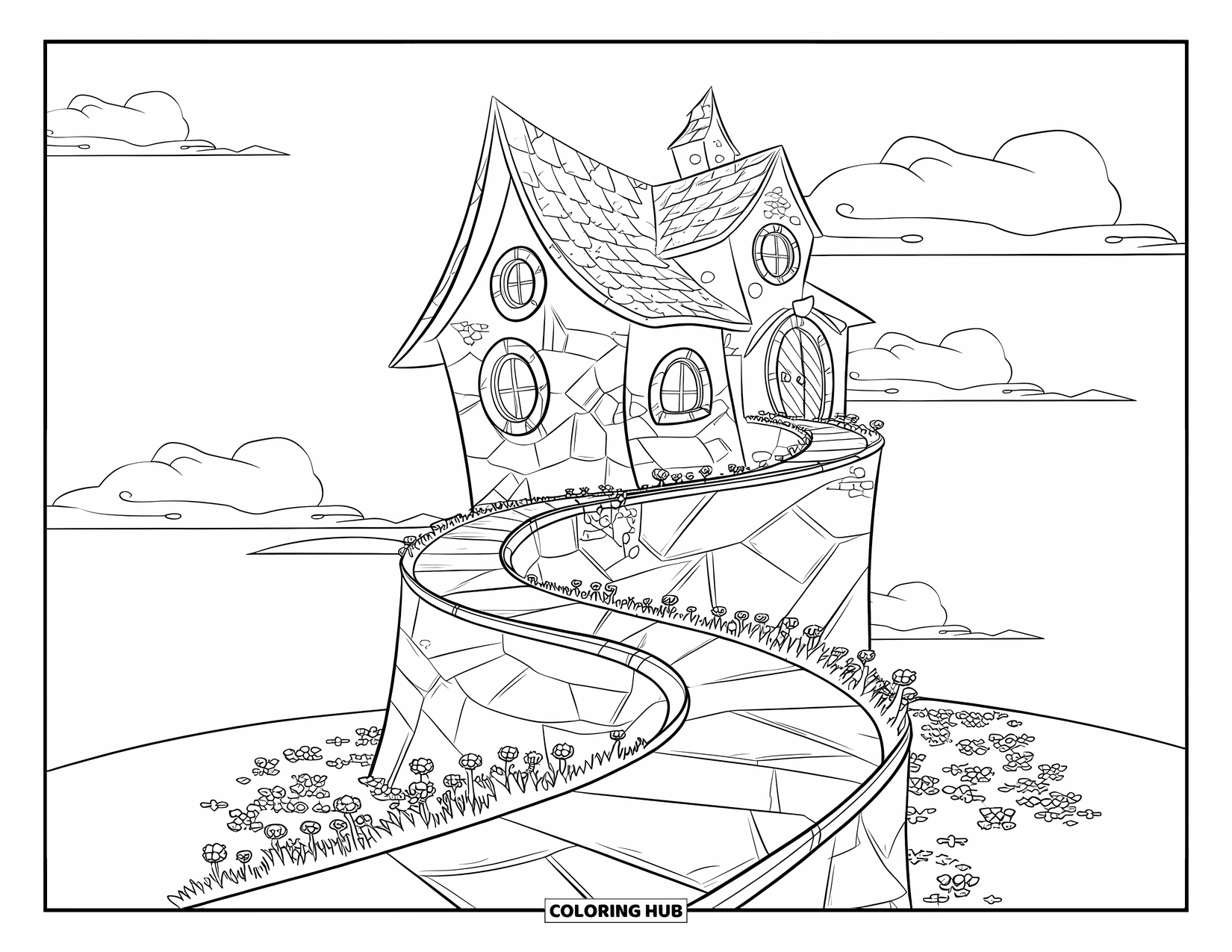 Haunted House Coloring Page for Kids: House with spiral path, pointy roof, and cracked stone walls