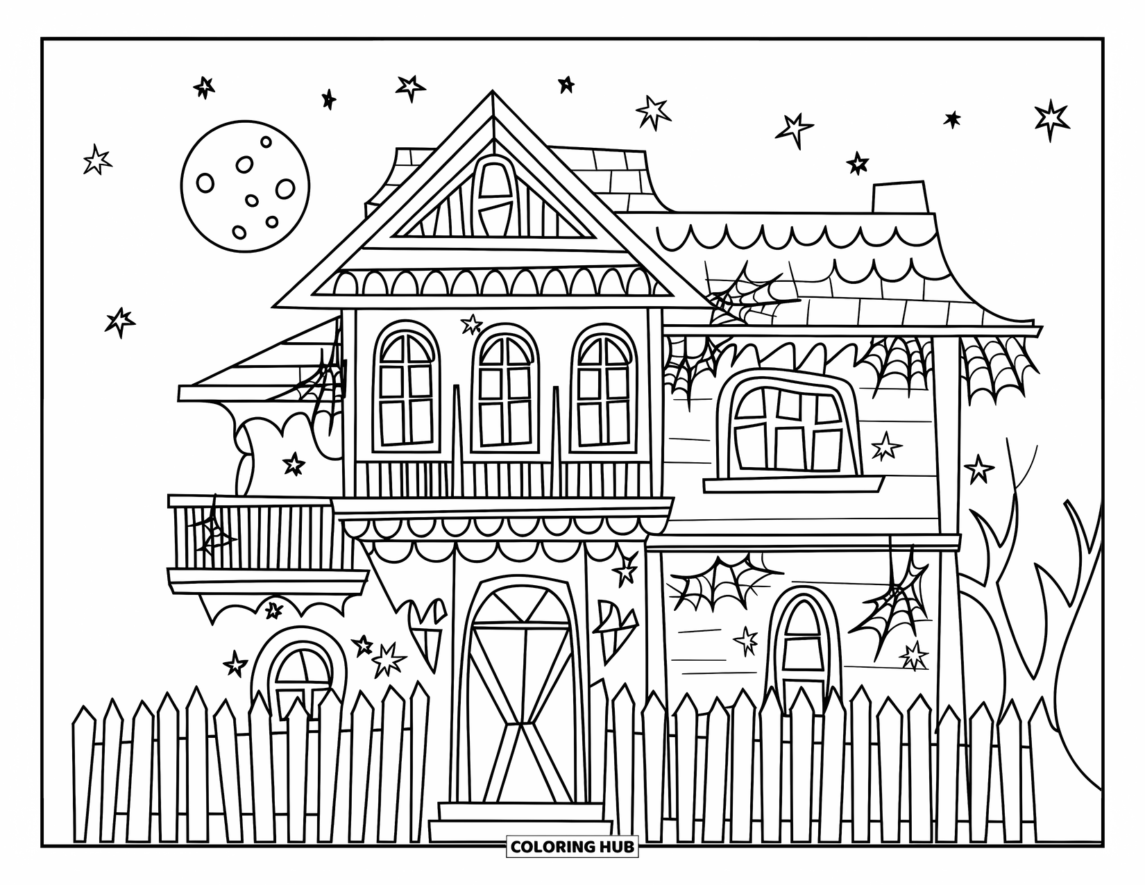 Haunted House Coloring Page for Kids: Layered balconies, cobwebs, and spooky fence set the haunted scene