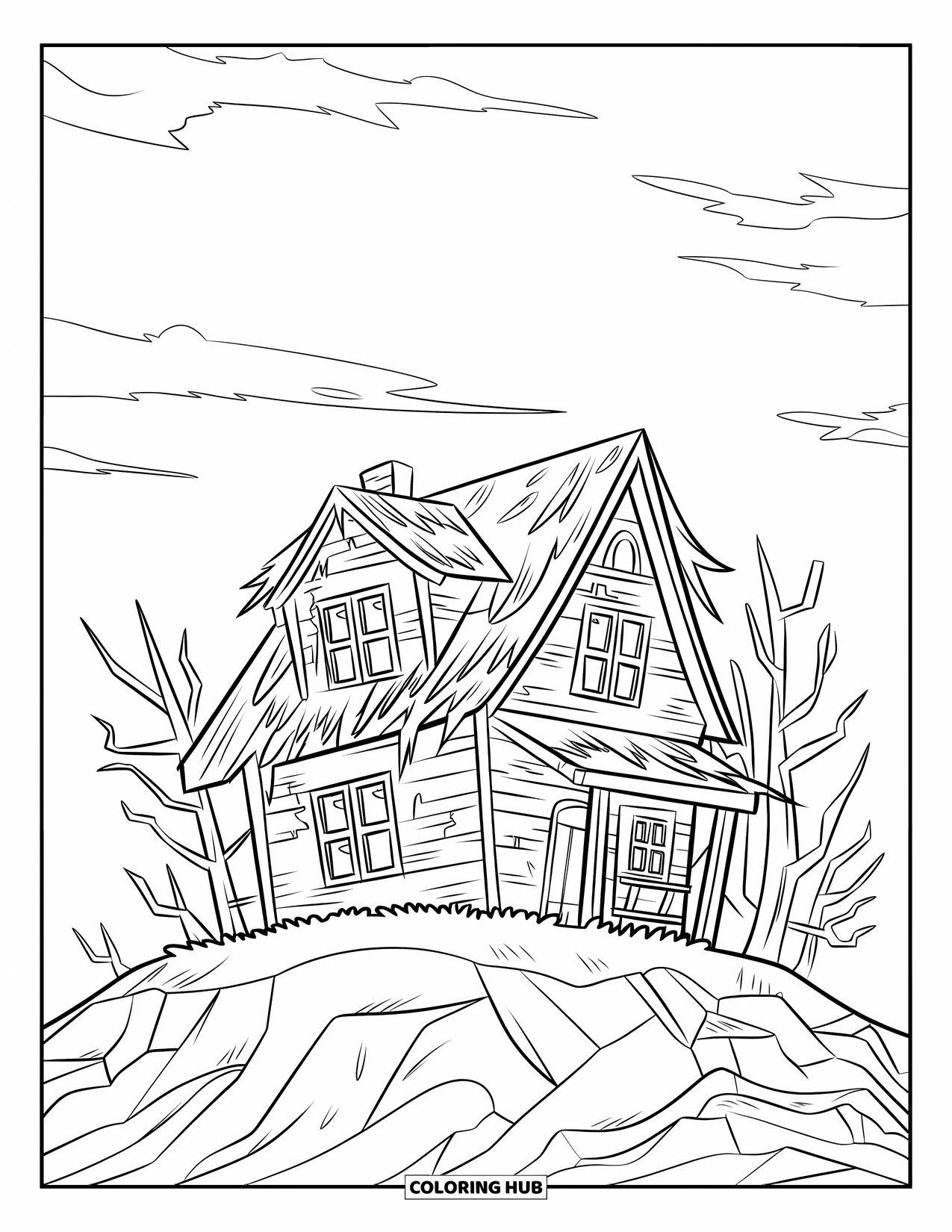 Haunted House Coloring Page for Kids: Old house on a rocky hill with broken gutters and spooky trees