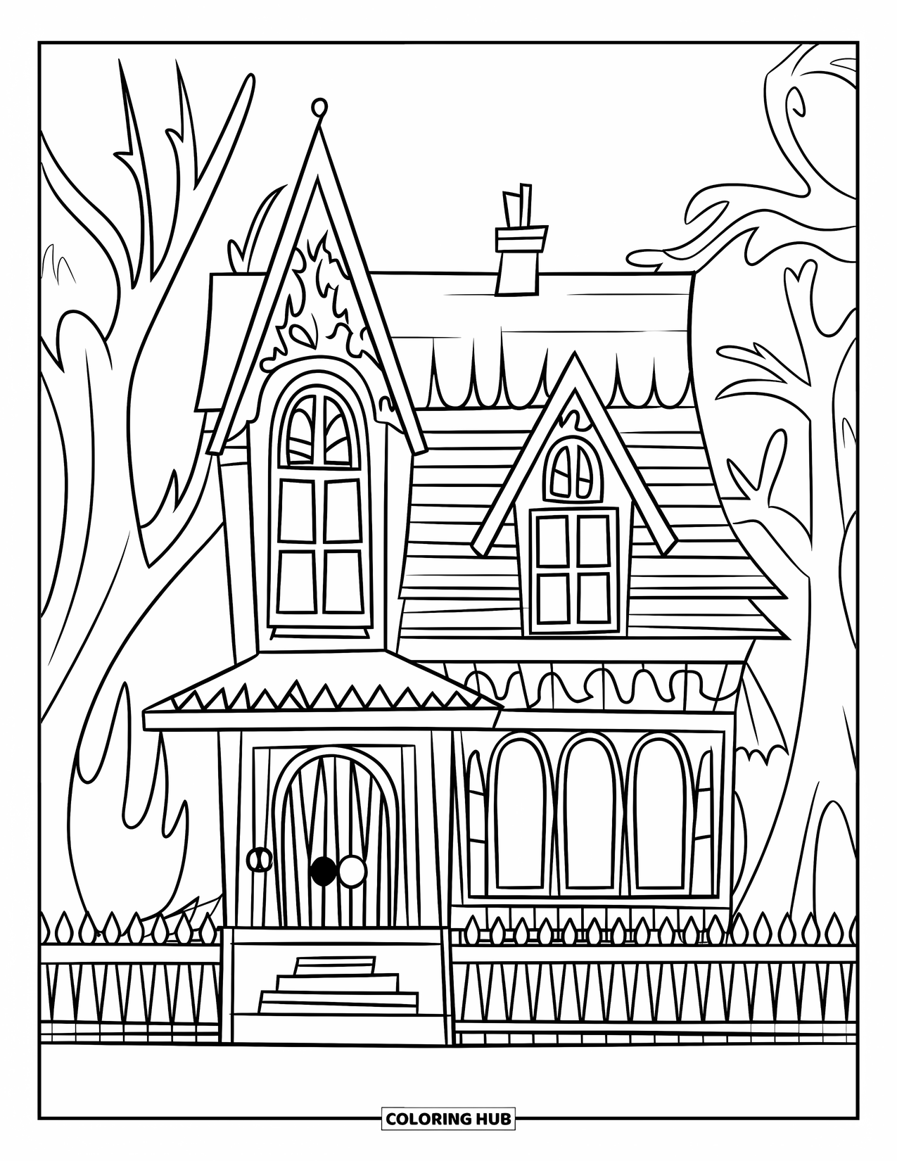Haunted House Coloring Page for Kids: Pointy-roof house with two windows and trees all around