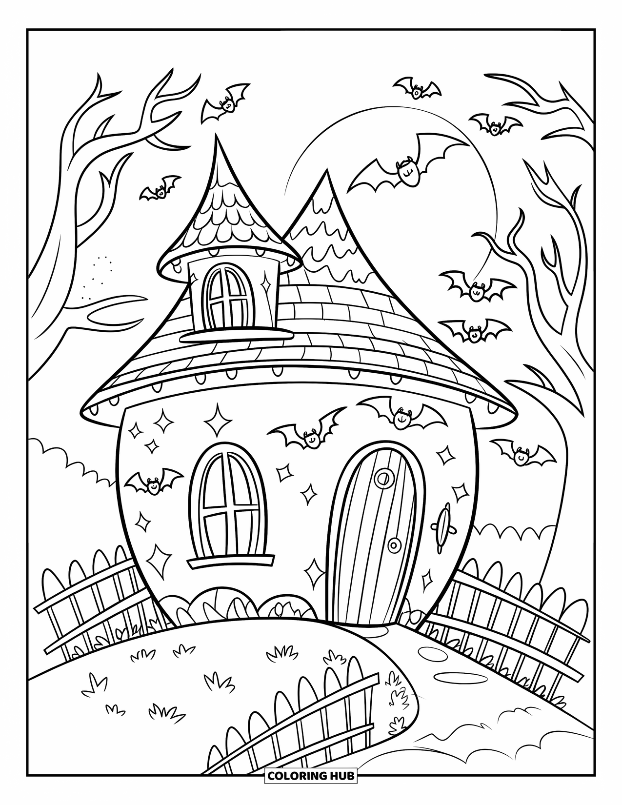 Haunted House Coloring Page for Kids: Round haunted house with bats, fence, trees, and a full moon