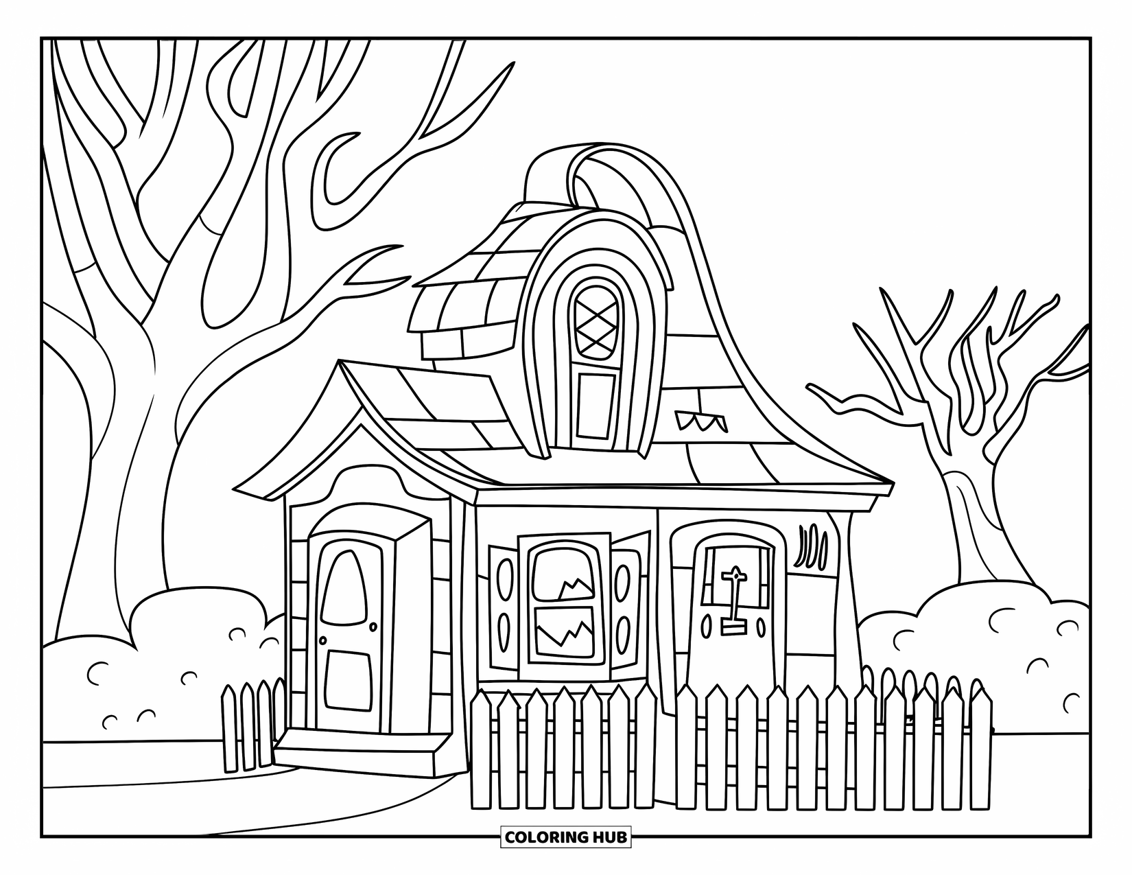 Haunted House Coloring Page for Kids: Rounded haunted house with trees and fence under a quiet sky
