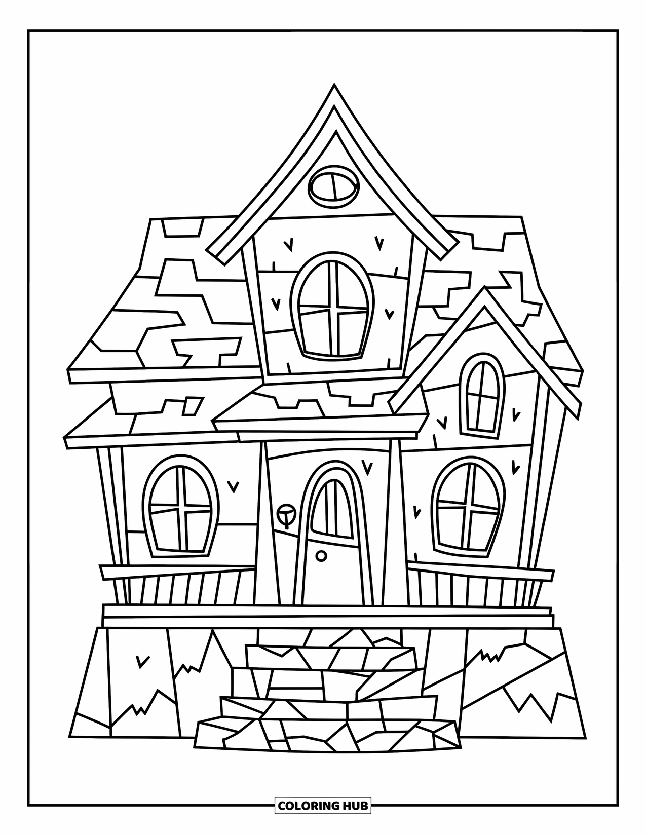 Haunted House Coloring Page for Kids: Simple haunted house with cracks and jagged windows, ready to color
