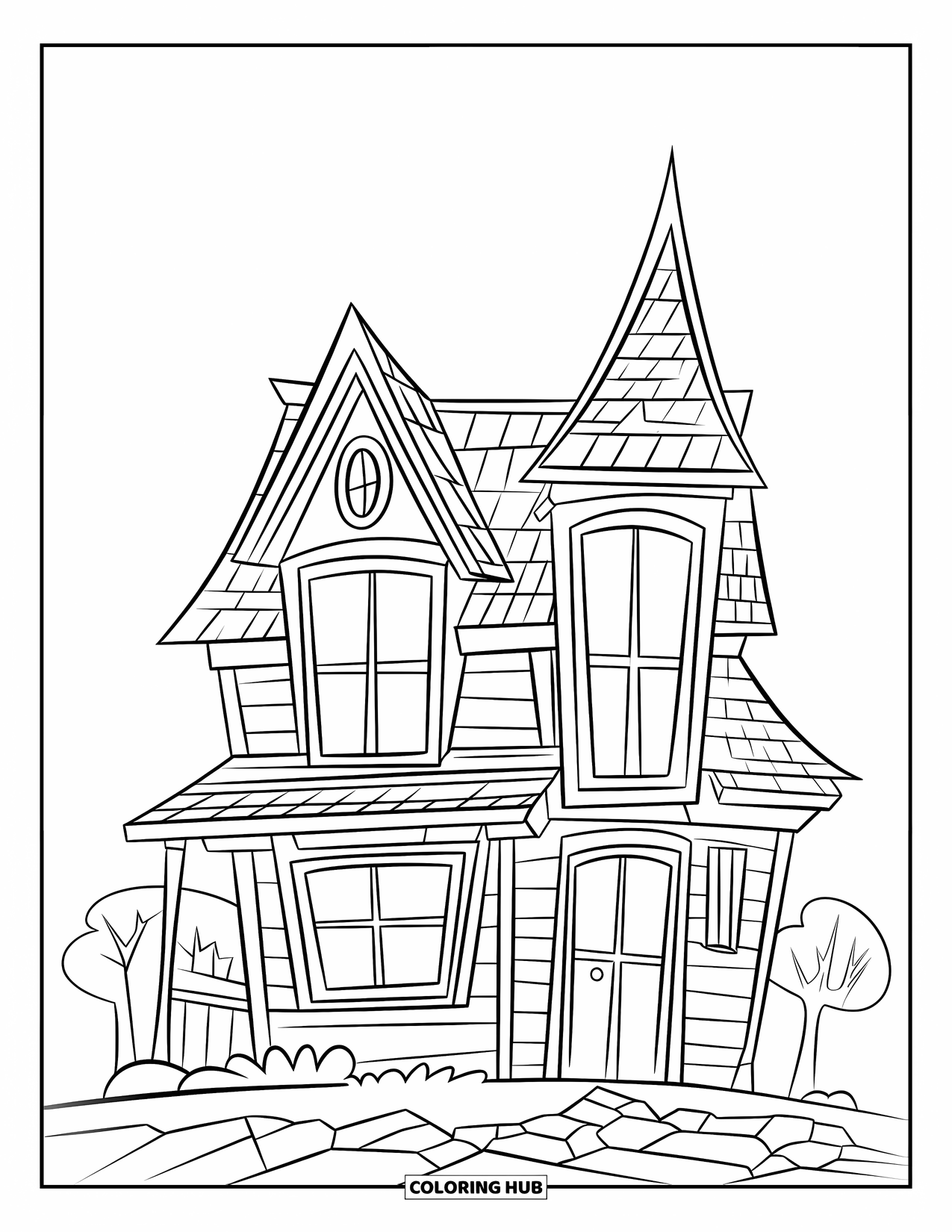 Haunted House Coloring Page for Kids: Slanted-roof haunted house surrounded by rocky hills and trees