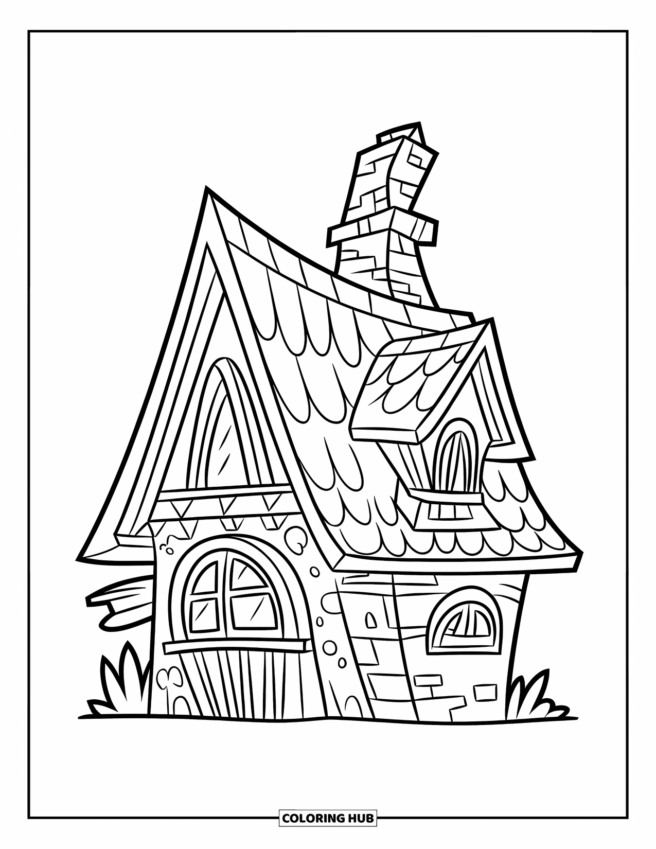 Haunted House Coloring Page for Kids: Small house with triangle roof and crooked chimney for playful coloring