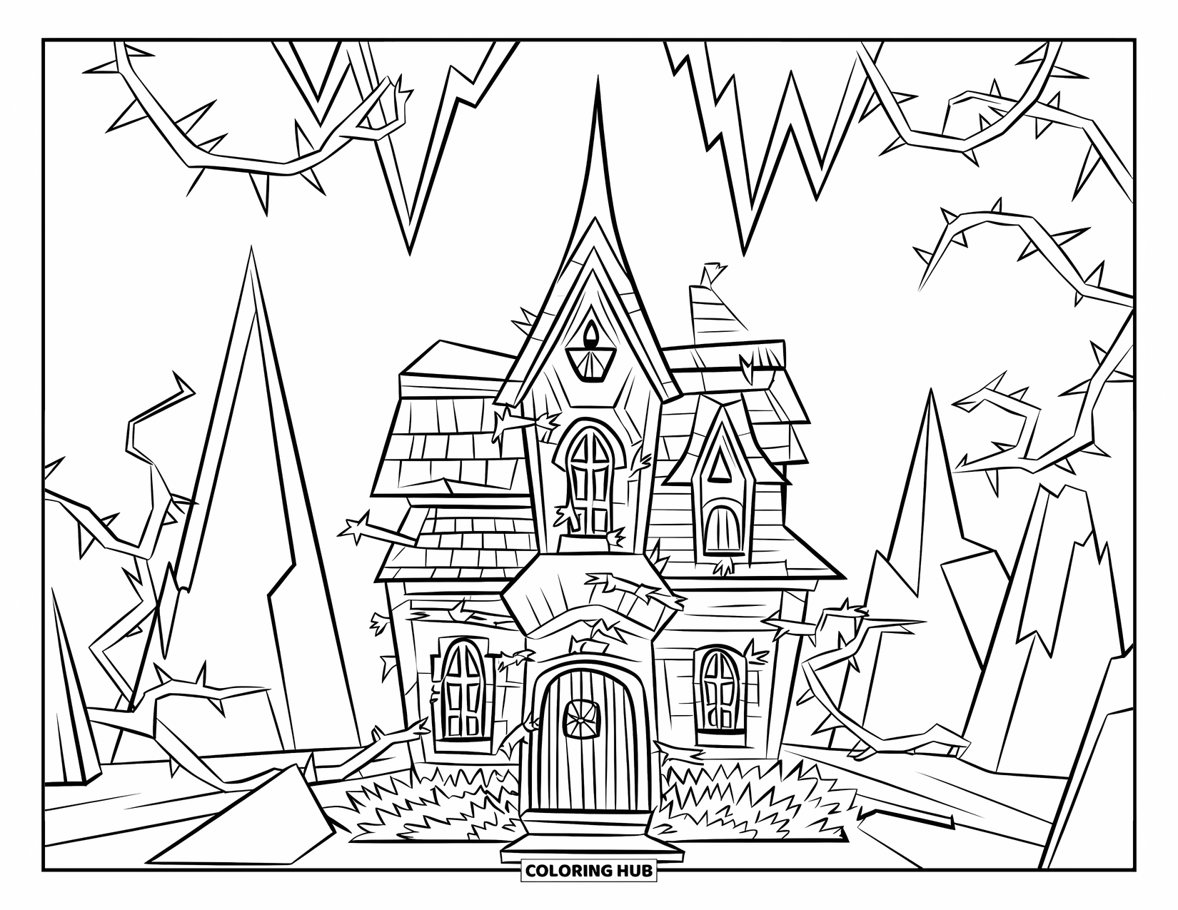 Haunted House Coloring Page for Kids: Spiky-roof haunted house with thorny vines and trees nearby