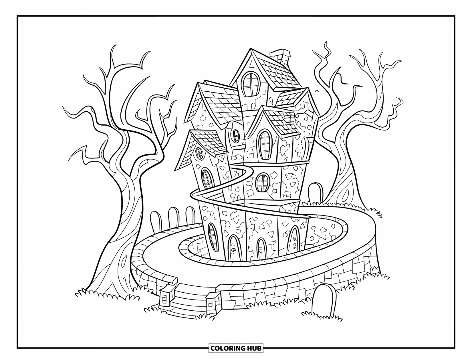 Haunted House Coloring Page for Kids: Spiral path leads to graveyard and twisted trees around the haunted house