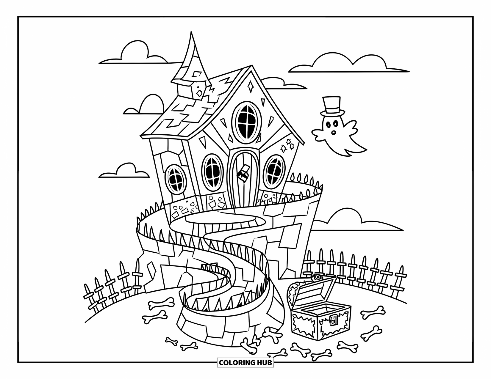 Haunted House Coloring Page for Kids: Spiral path winds past a top-hat ghost and bones near the house
