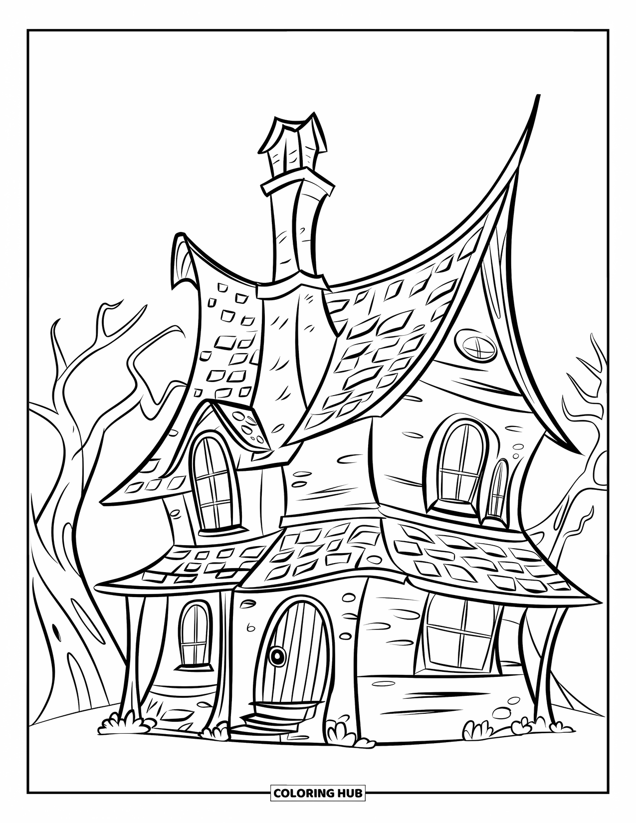 Haunted House Coloring Page for Kids: Spooky house with twisty trees and an old chimney under a clear sky