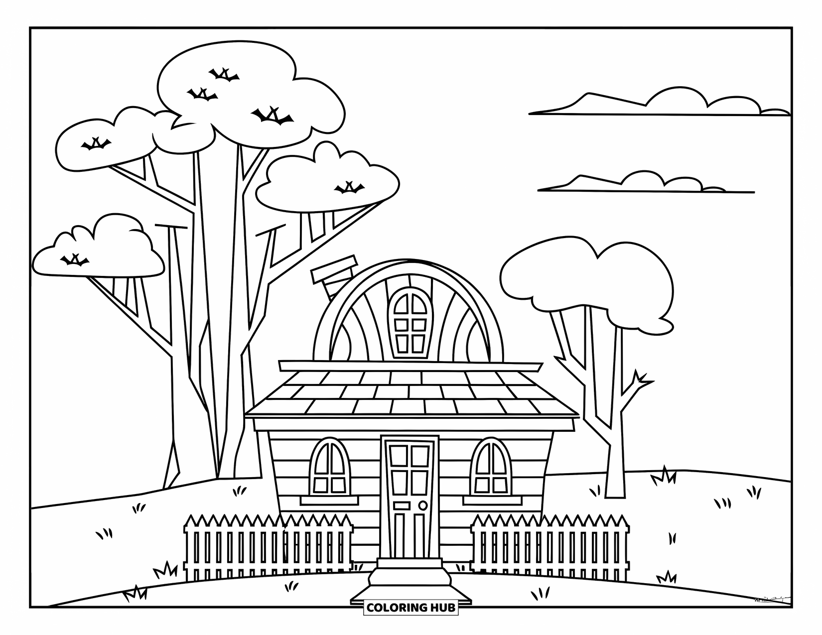 Haunted House Coloring Page for Kids: Stubby haunted house with two windows and tall trees nearby