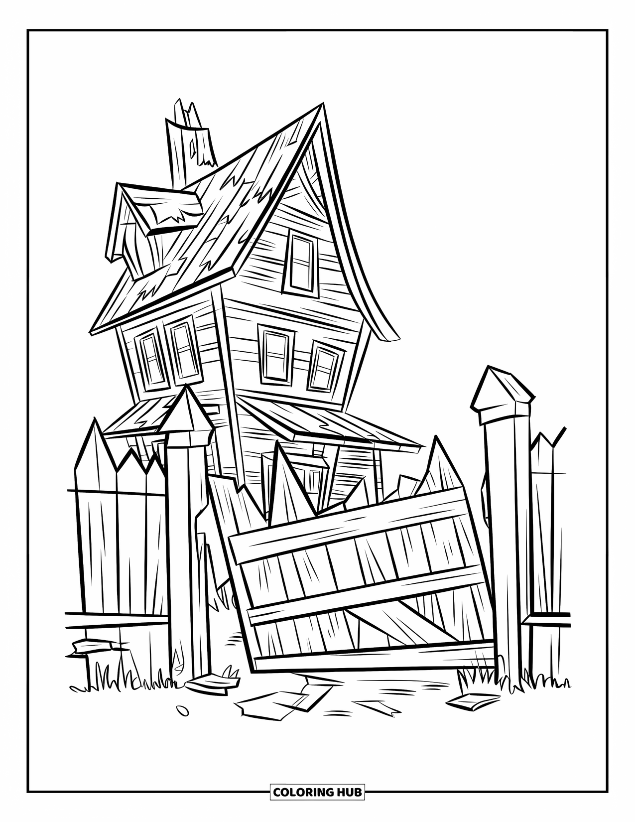 Haunted House Coloring Page for Kids: Tall haunted house with broken gate and clean outlines for fun coloring
