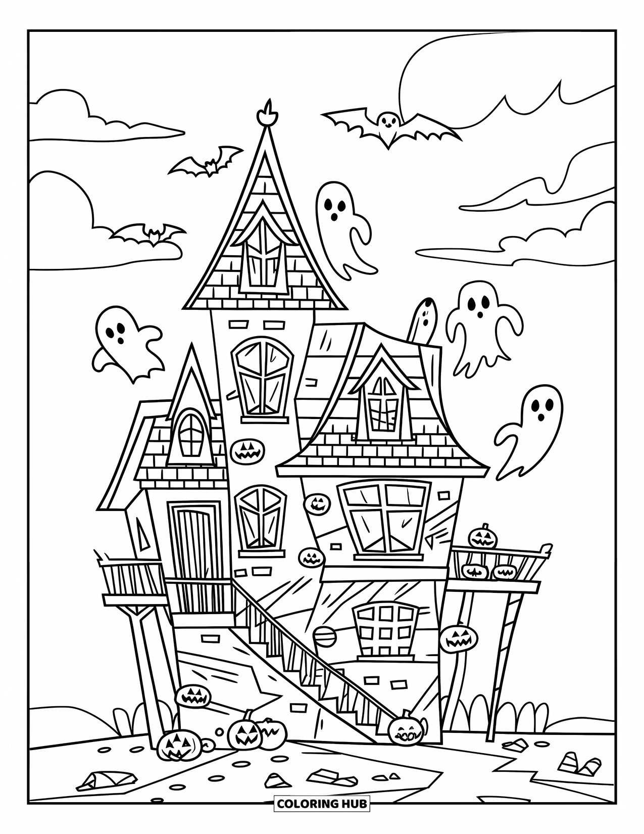 Haunted House Coloring Page for Kids: Tall haunted house with cracked stairs, jack-o'-lanterns, and floating ghosts