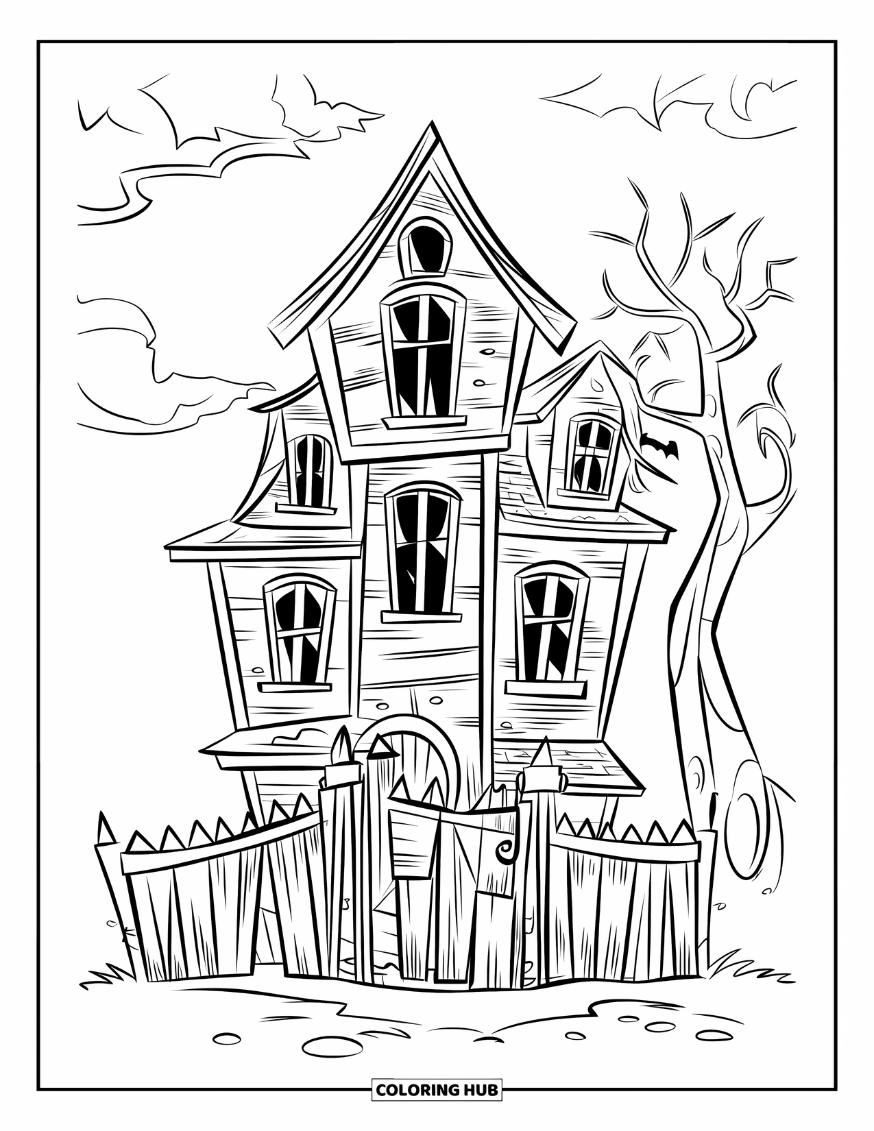 Haunted House Coloring Page for Kids: Tall spooky house with clouds, uneven ground, and a nearby tree