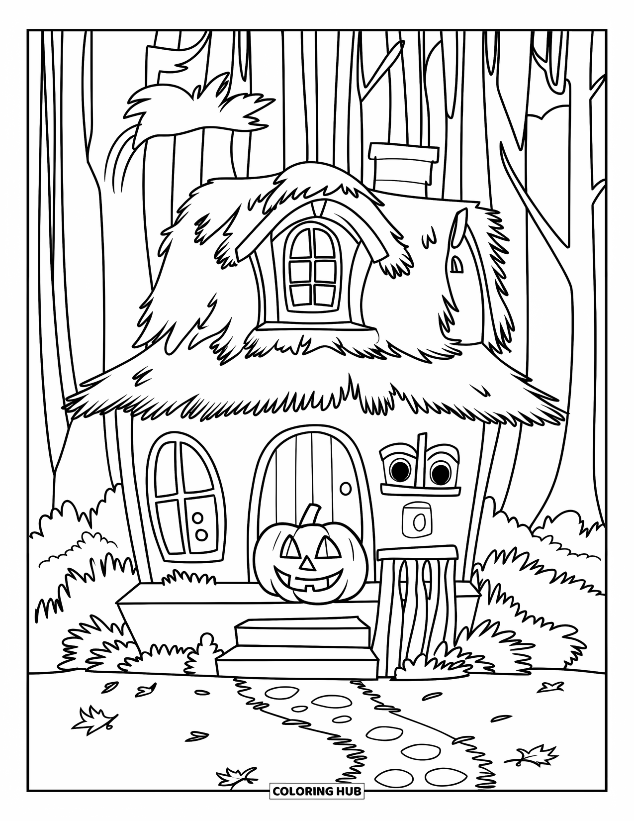 Haunted House Coloring Page for Kids: Thatched haunted house with jack-o'-lantern, leaves, and a forest path