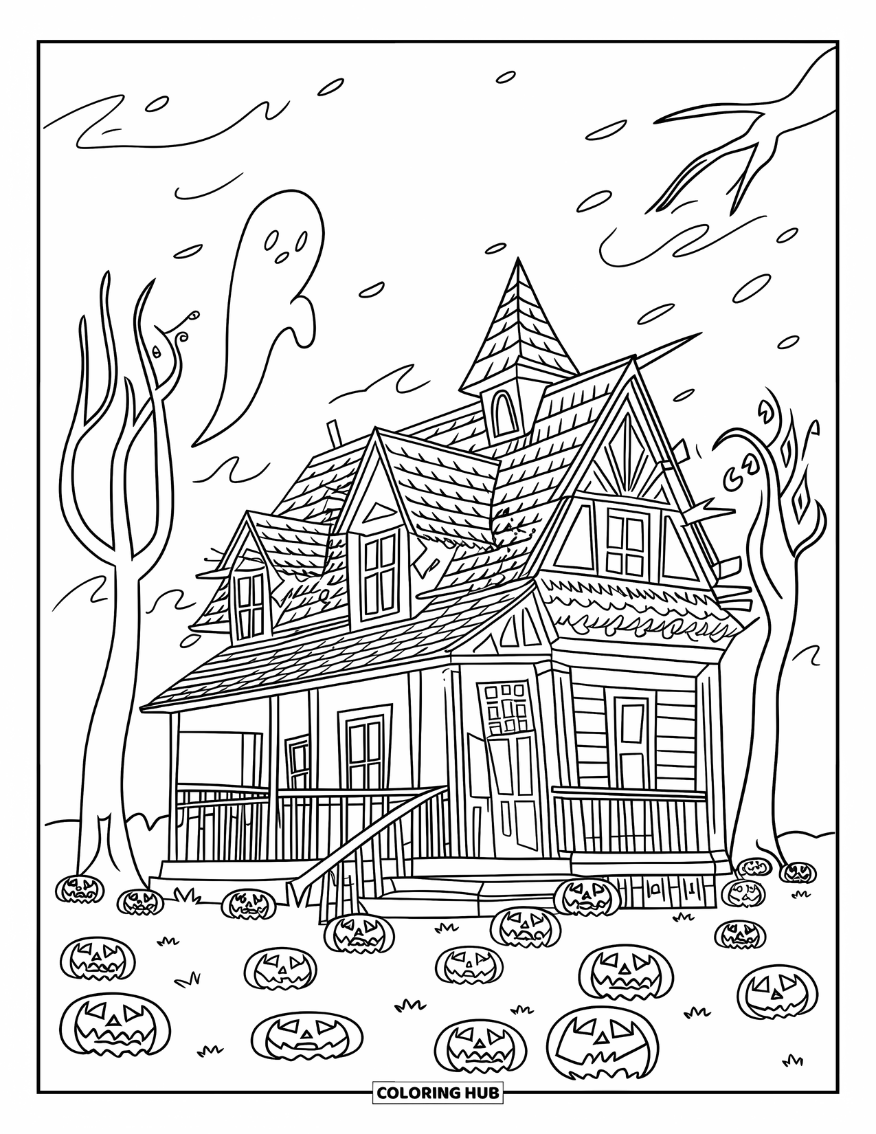 Haunted House Coloring Page for Kids: Victorian haunted house with ghosts, pumpkins, and stormy skies