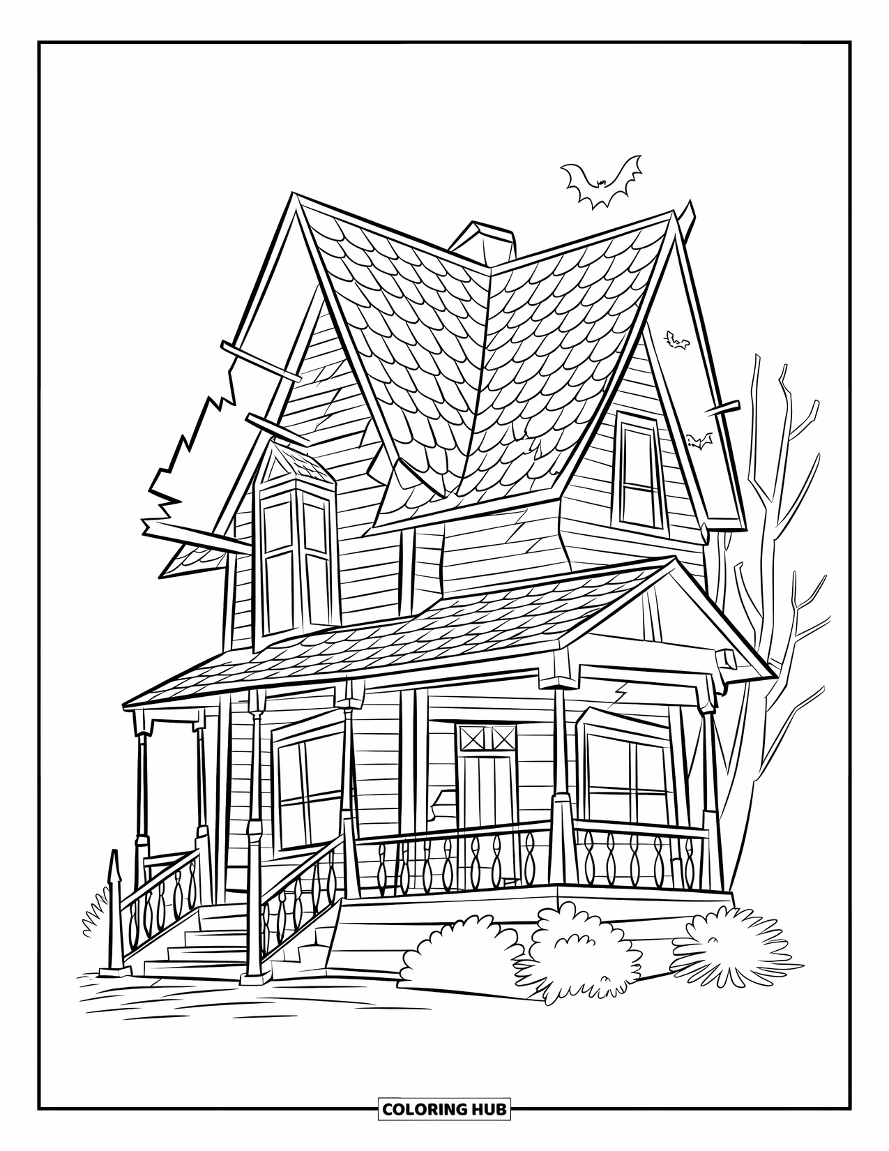 Haunted House Coloring Page for Kids: Victorian haunted house with steep roof, broken rails, and nearby trees