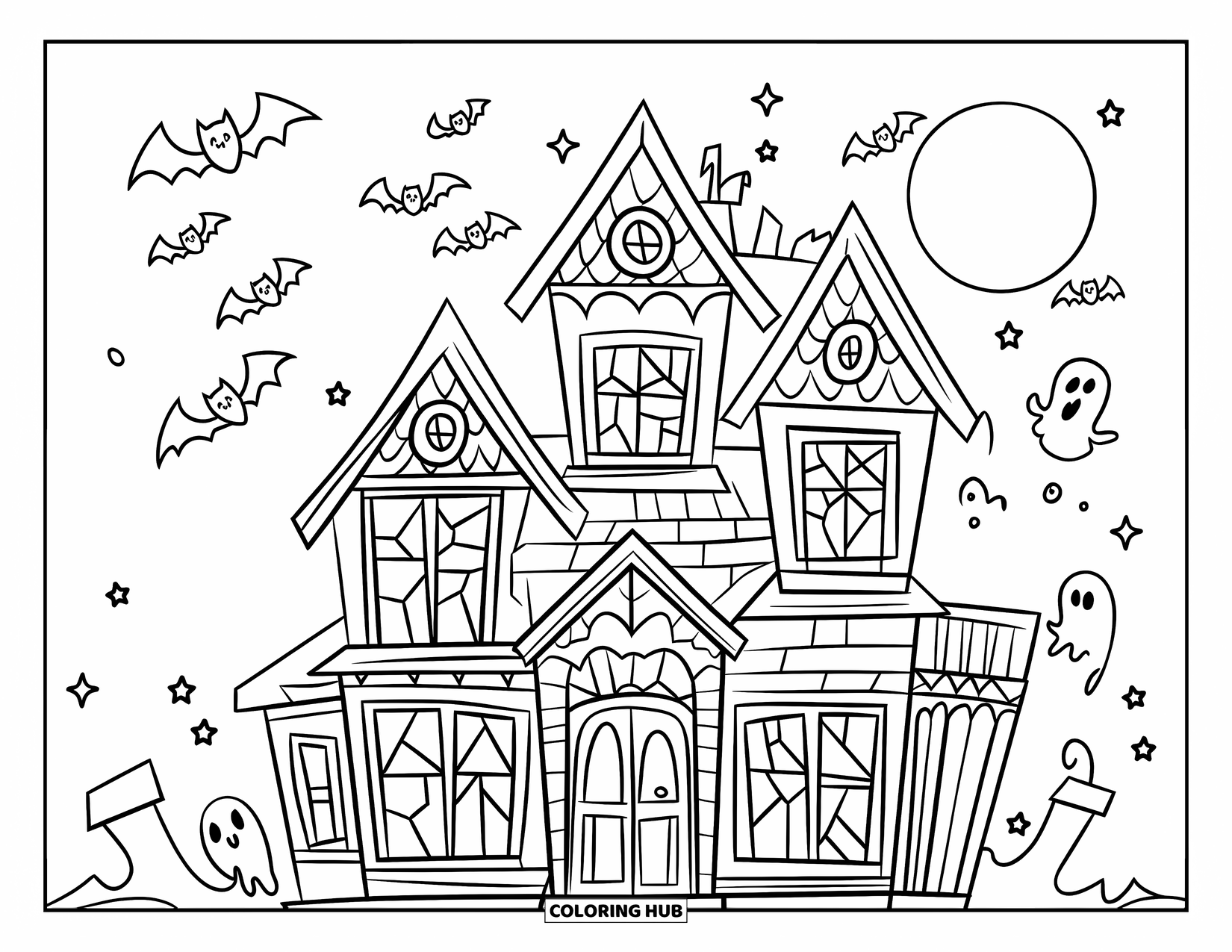 Haunted House Coloring Page for Kids: Wide haunted house with cracked windows, ghosts, bats, and a full moon above