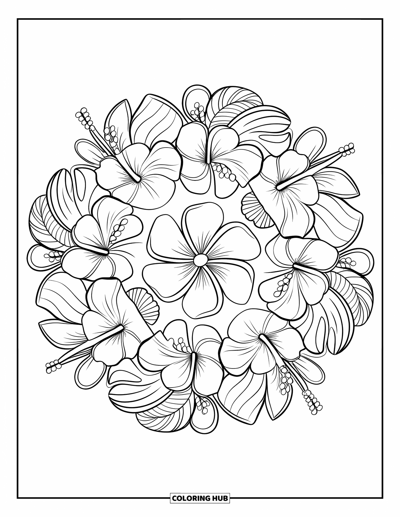 Hawaii Coloring Page for Adults: A bold mandala pattern mixes hibiscus, monstera, and plumeria designs