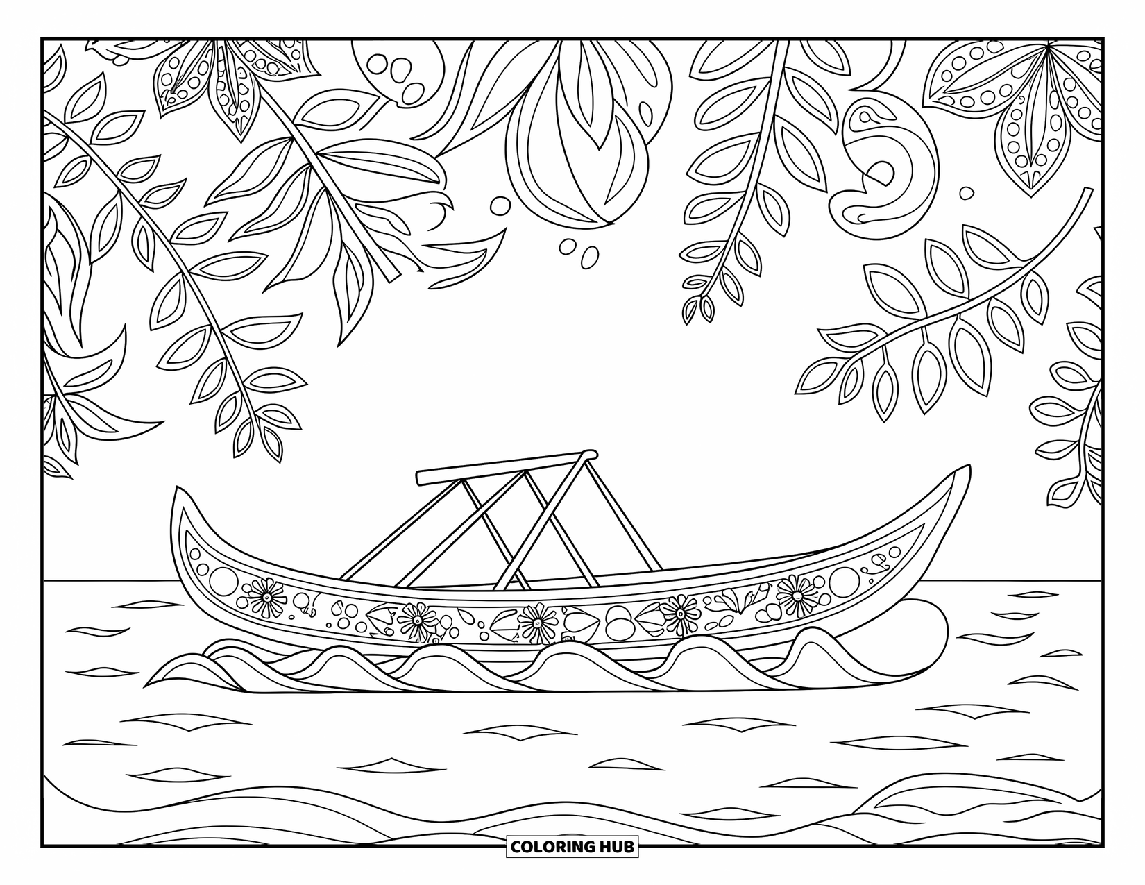 Hawaii Coloring Page for Adults: A canoe rests in calm water with detailed botanical swirls all around