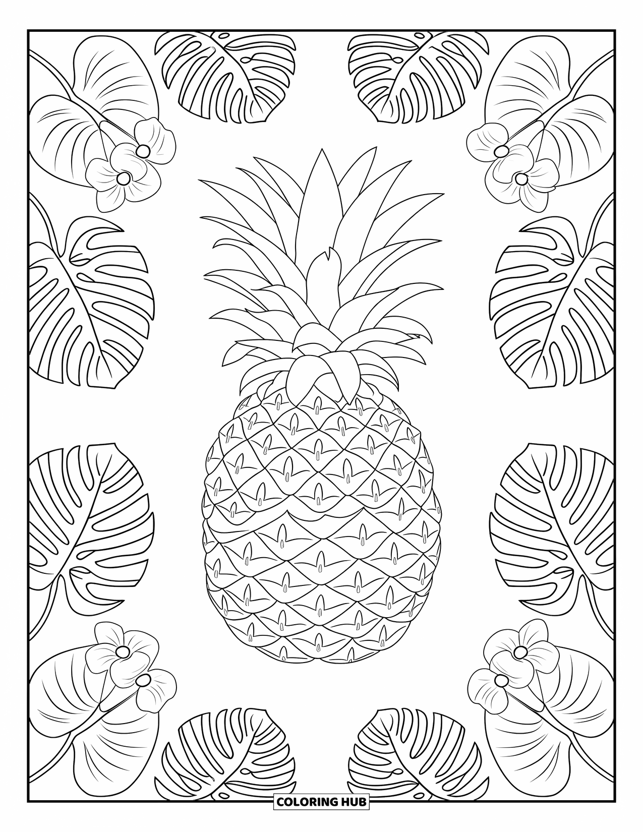 Hawaii Coloring Page for Adults: A central pineapple design is surrounded by leafy and floral spiral patterns