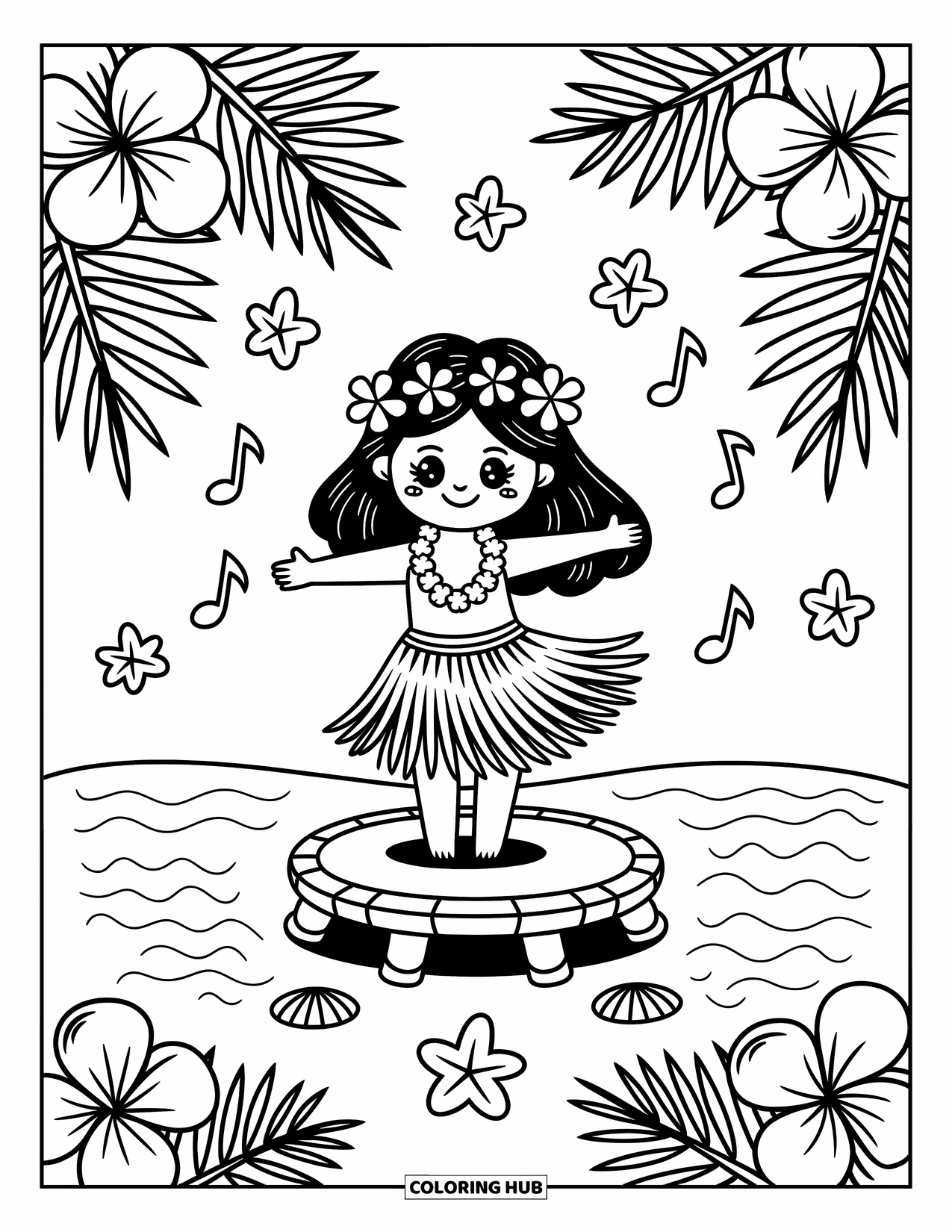 Hawaii Coloring Page for Adults: A cute hula girl dances under palm leaves with ocean waves in the background