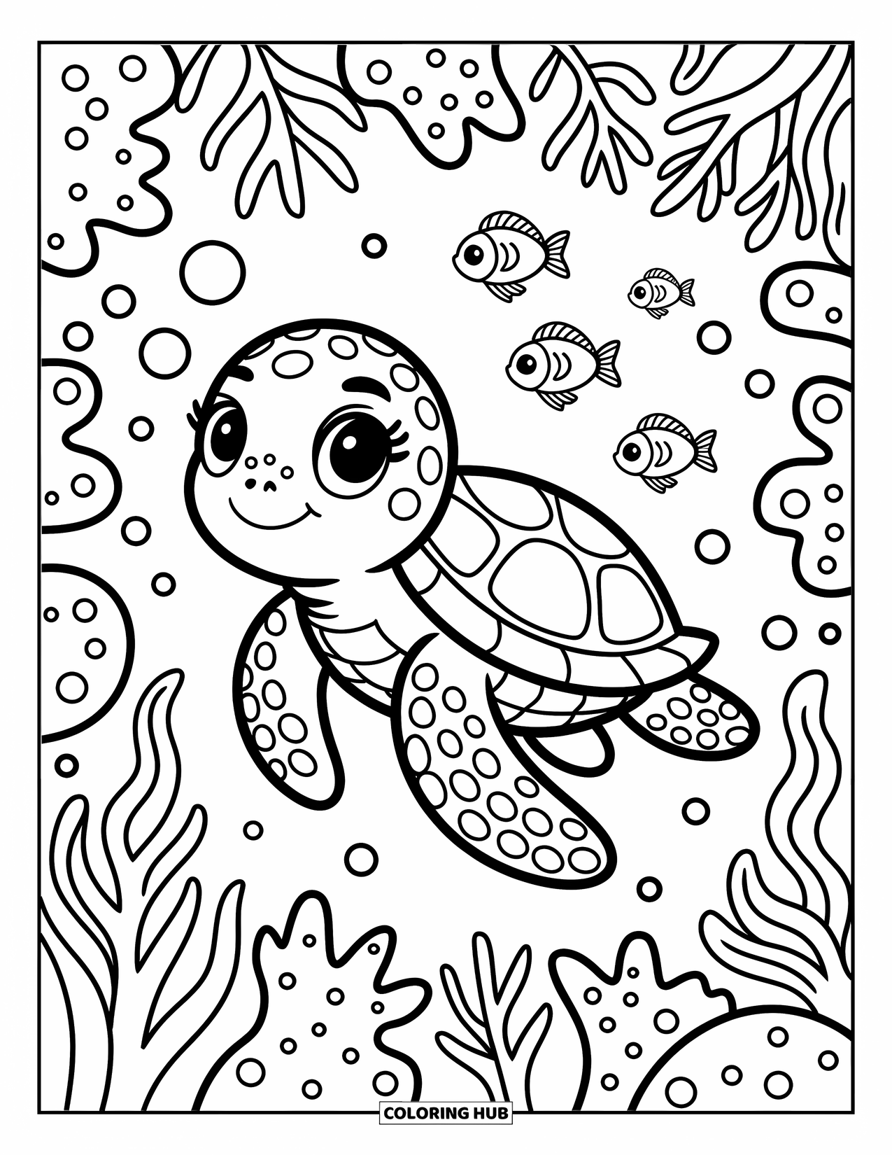 Hawaii Coloring Page for Adults: A cute turtle with a big smile swims with fish near cozy reef plants