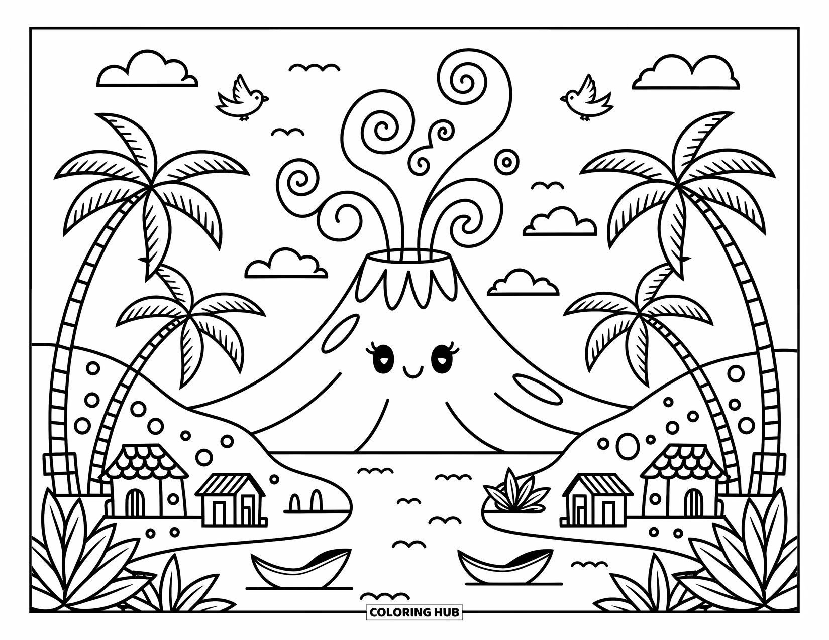 Hawaii Coloring Page for Adults: A cute volcano with soft smoke sits near huts and canoes in a tropical valley