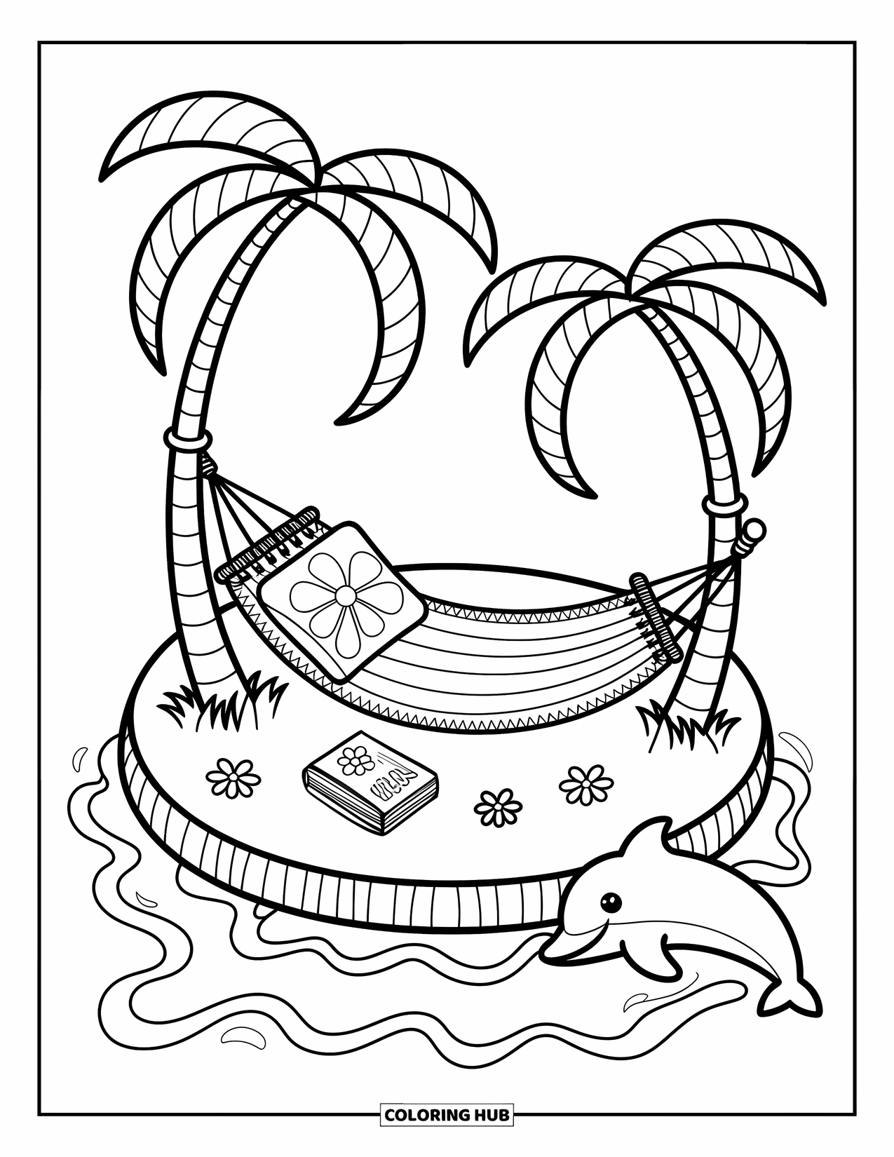 Hawaii Coloring Page for Adults: A dolphin leaps near a hammock island with soft waves and curved palm trees