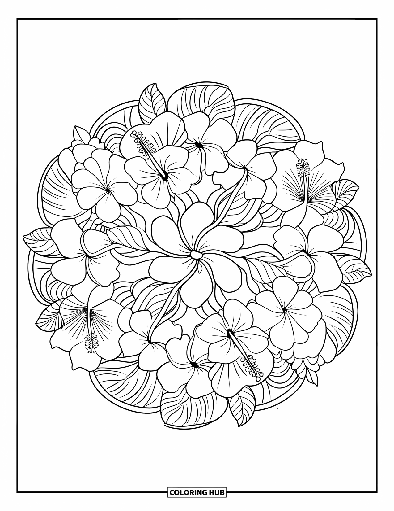 Hawaii Coloring Page for Adults: A floral mandala blooms with hibiscus, plumeria, and monstera leaves