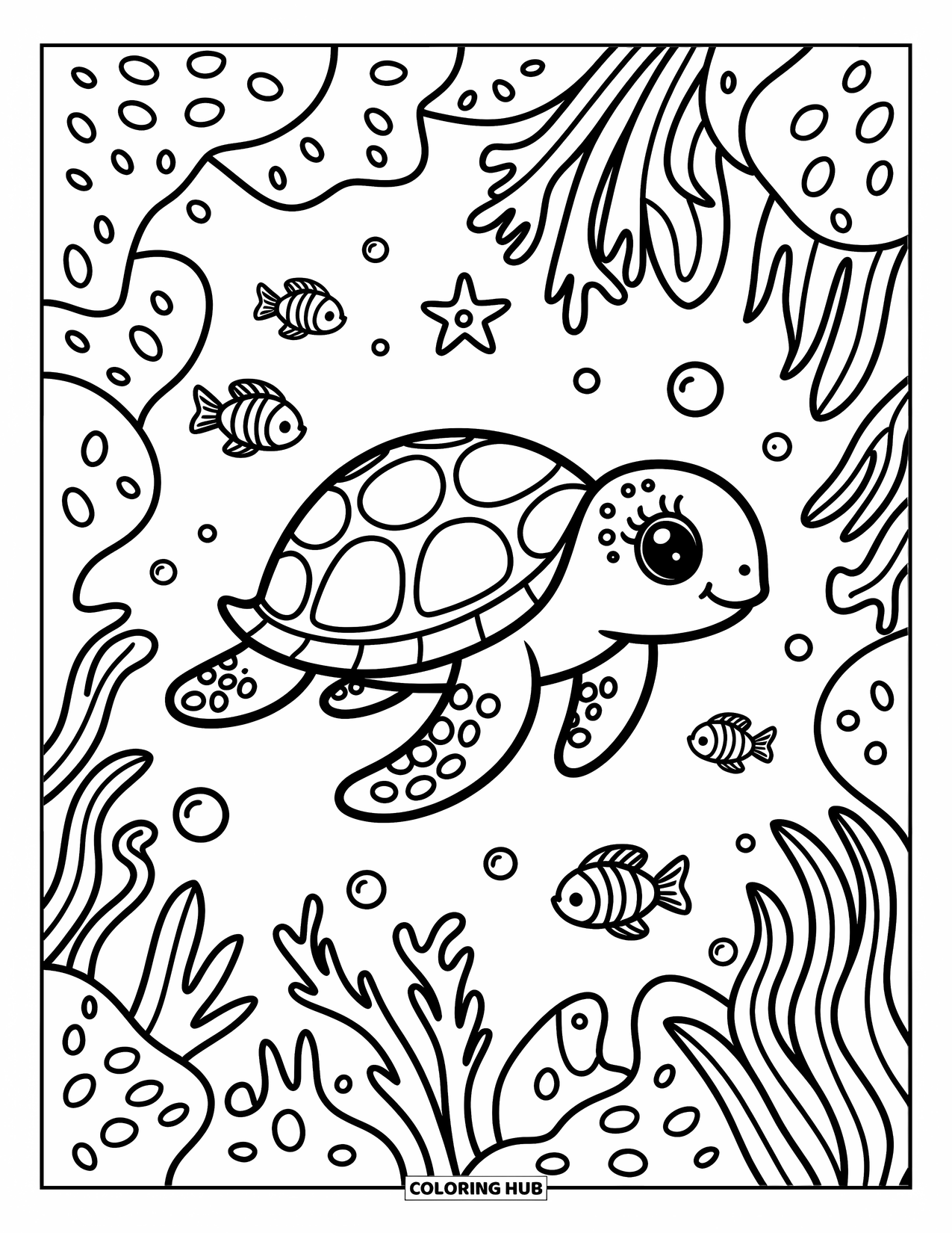 Hawaii Coloring Page for Adults: A happy turtle swims peacefully with coral, fish, and floating bubbles