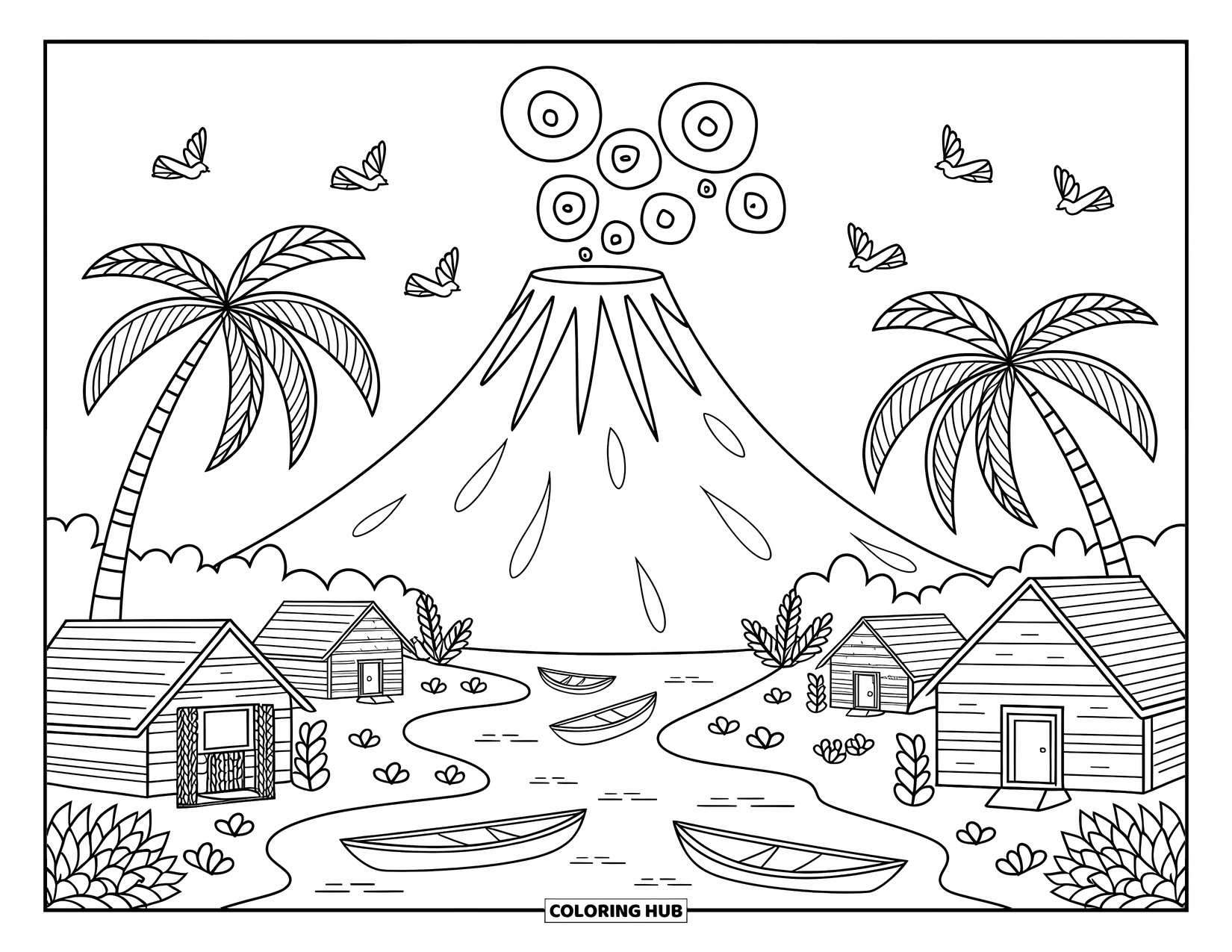 Hawaii Coloring Page for Adults: A happy volcano with birds and huts rests beside a quiet river and palm trees