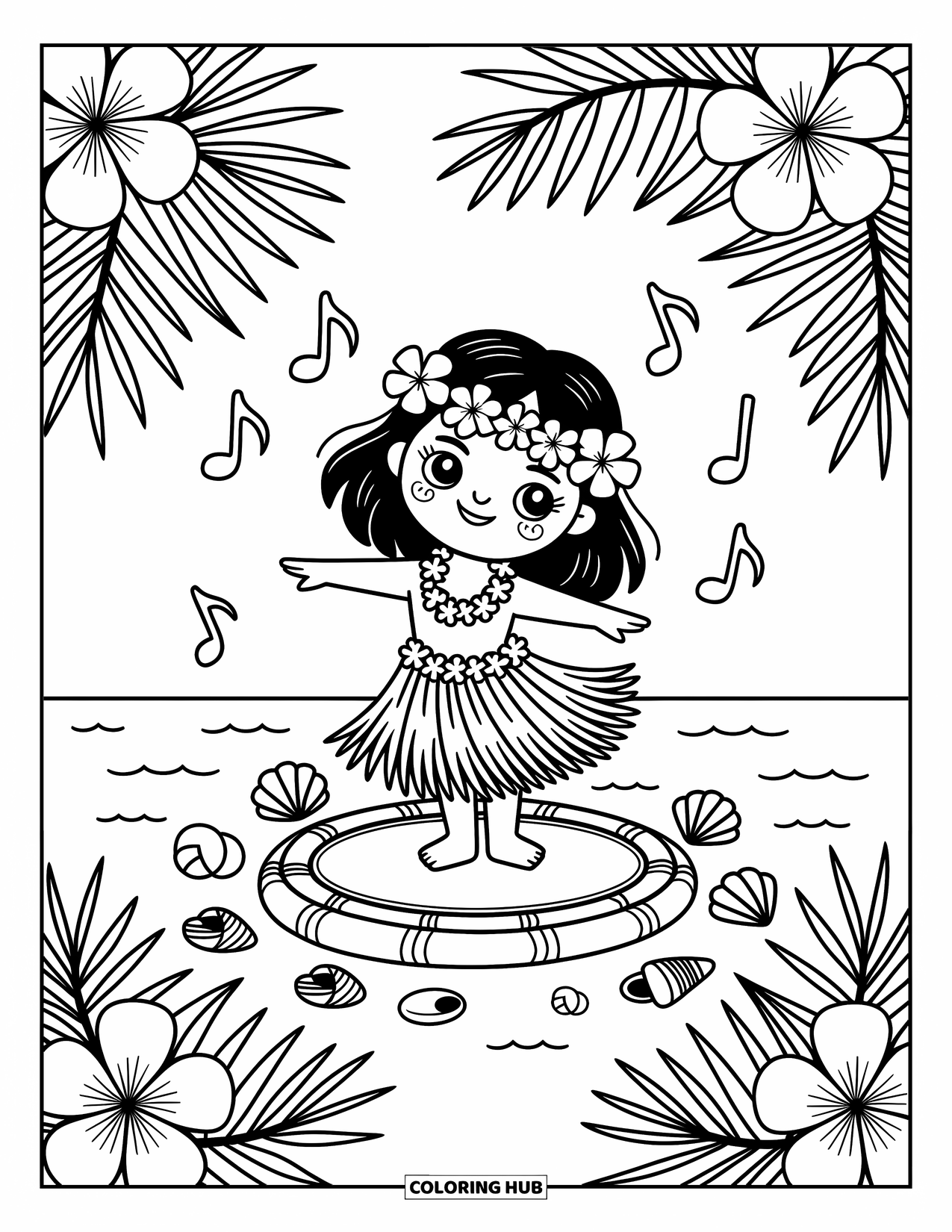 Hawaii Coloring Page for Adults: A hula dancer performs surrounded by coconuts, waves, and playful music notes