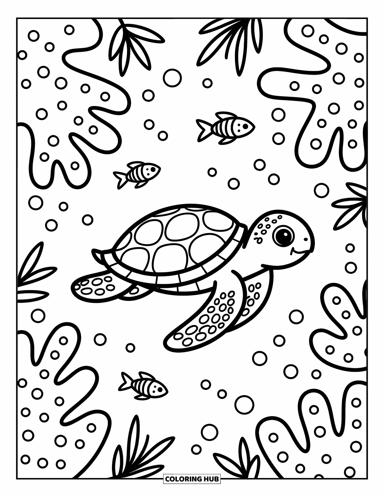 Hawaii Coloring Page for Adults: A lovable turtle glides gently past coral and bubbles in a cozy underwater scene