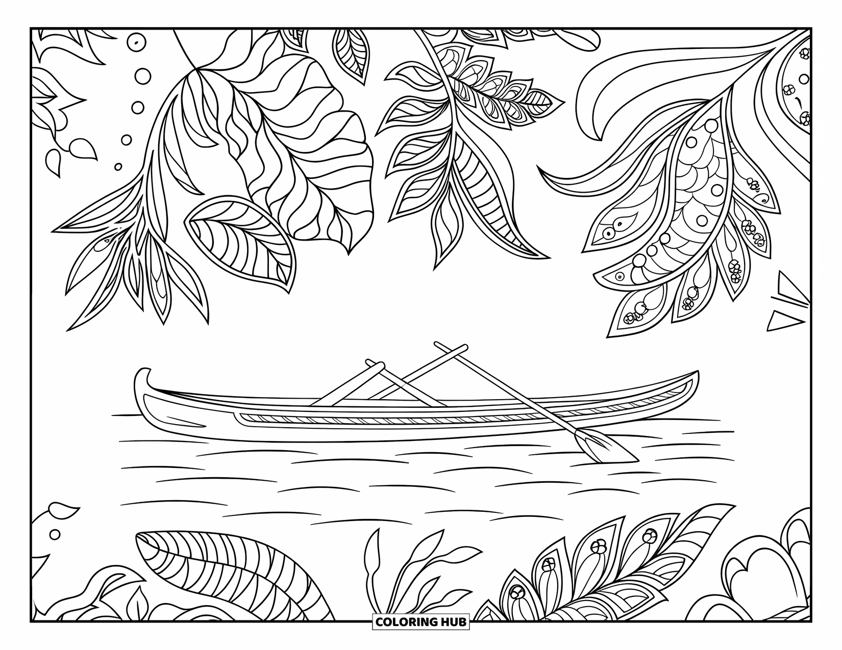 Hawaii Coloring Page for Adults: A peaceful canoe scene with swirling leaves and tropical mandala patterns