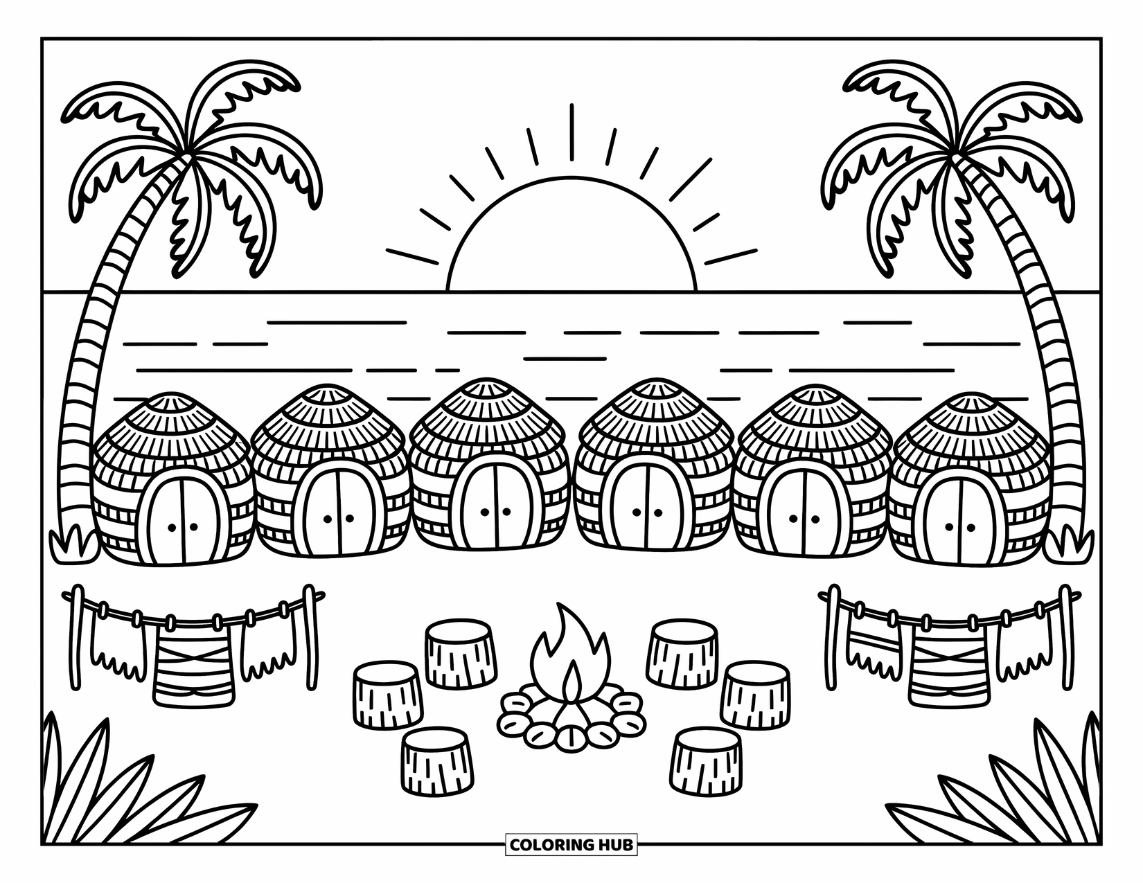Hawaii Coloring Page for Adults: A row of huts faces the beach at sunset, with swaying trees and a cozy fire